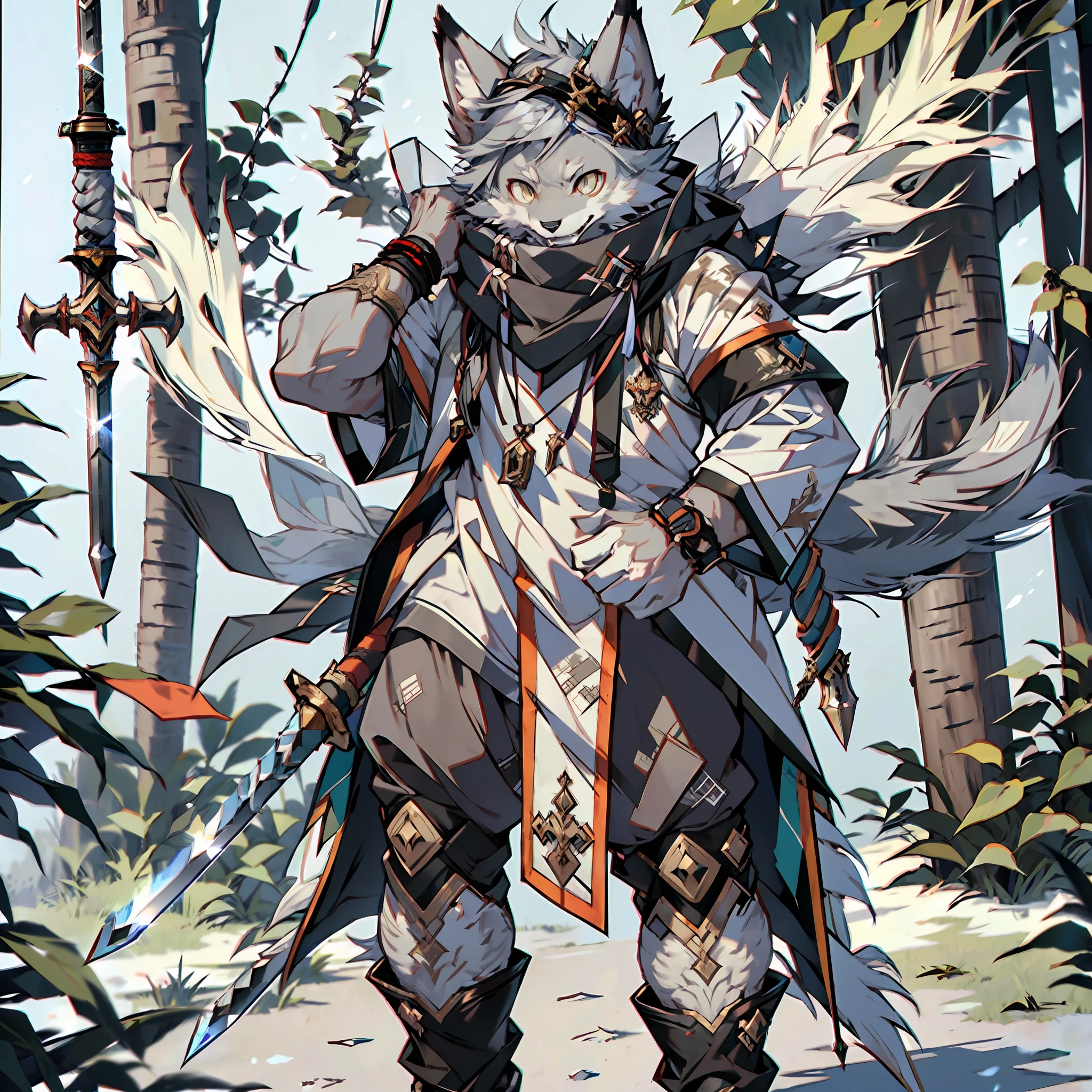 (Best Quality), (Masterpiece), ((Single 1.5)), (Ultra Detailed), (Furry), Full Body Furry, Furry, (Male Arctic Fox: 1.5), (Gray Skin: 1.3), (Gray Fur: 1.3), (Fluffy Tail: 1.2), Character Focus, (Golden Eyes), (Canine Paws), (Gray Ears), Sharp Focus, (Furry Animal Ears), ((Armor)), ((Sword)), ((monster_ hunter_style))