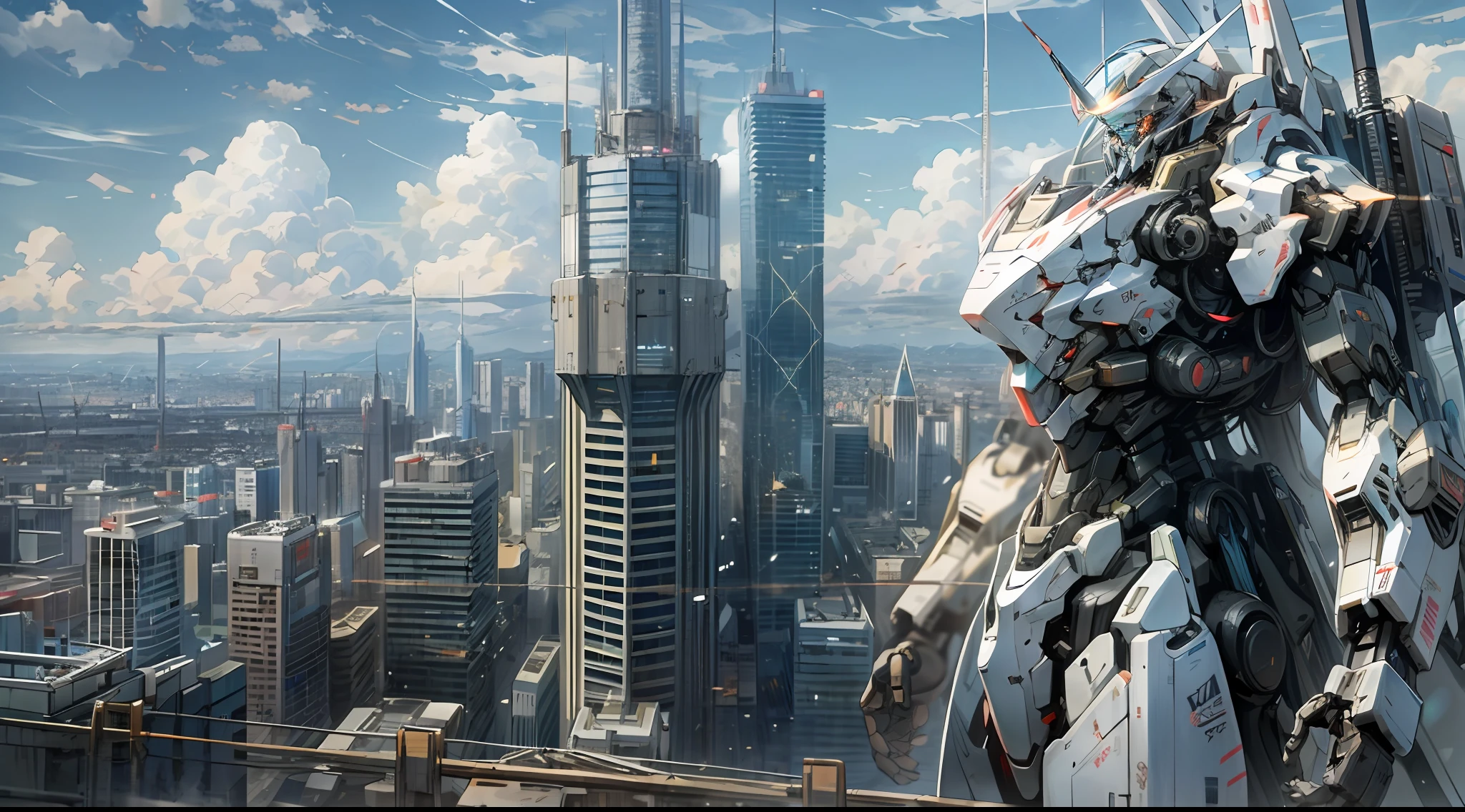 sky, cloud, holding_weapon, no_humans, glowing, , robot, building, glowing_eyes, mecha, science_fiction, city, realistic,mecha