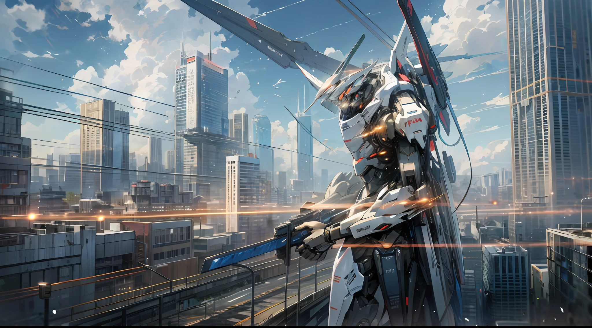 sky, cloud, holding_weapon, no_humans, glowing, , robot, building, glowing_eyes, mecha, science_fiction, city, realistic,mecha