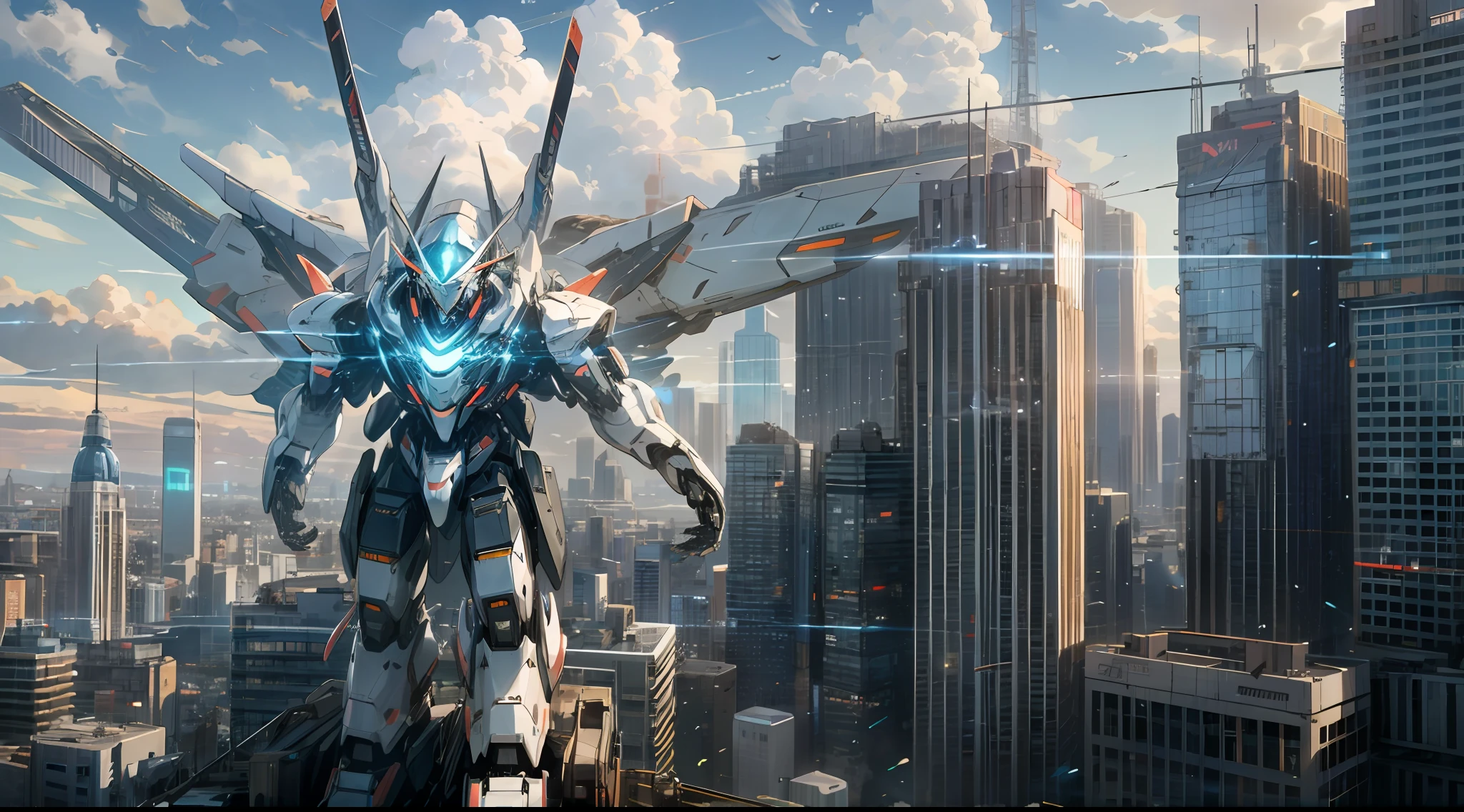 sky, cloud, holding_weapon, no_humans, glowing, , robot, building, glowing_eyes, mecha, science_fiction, city, realistic,mecha