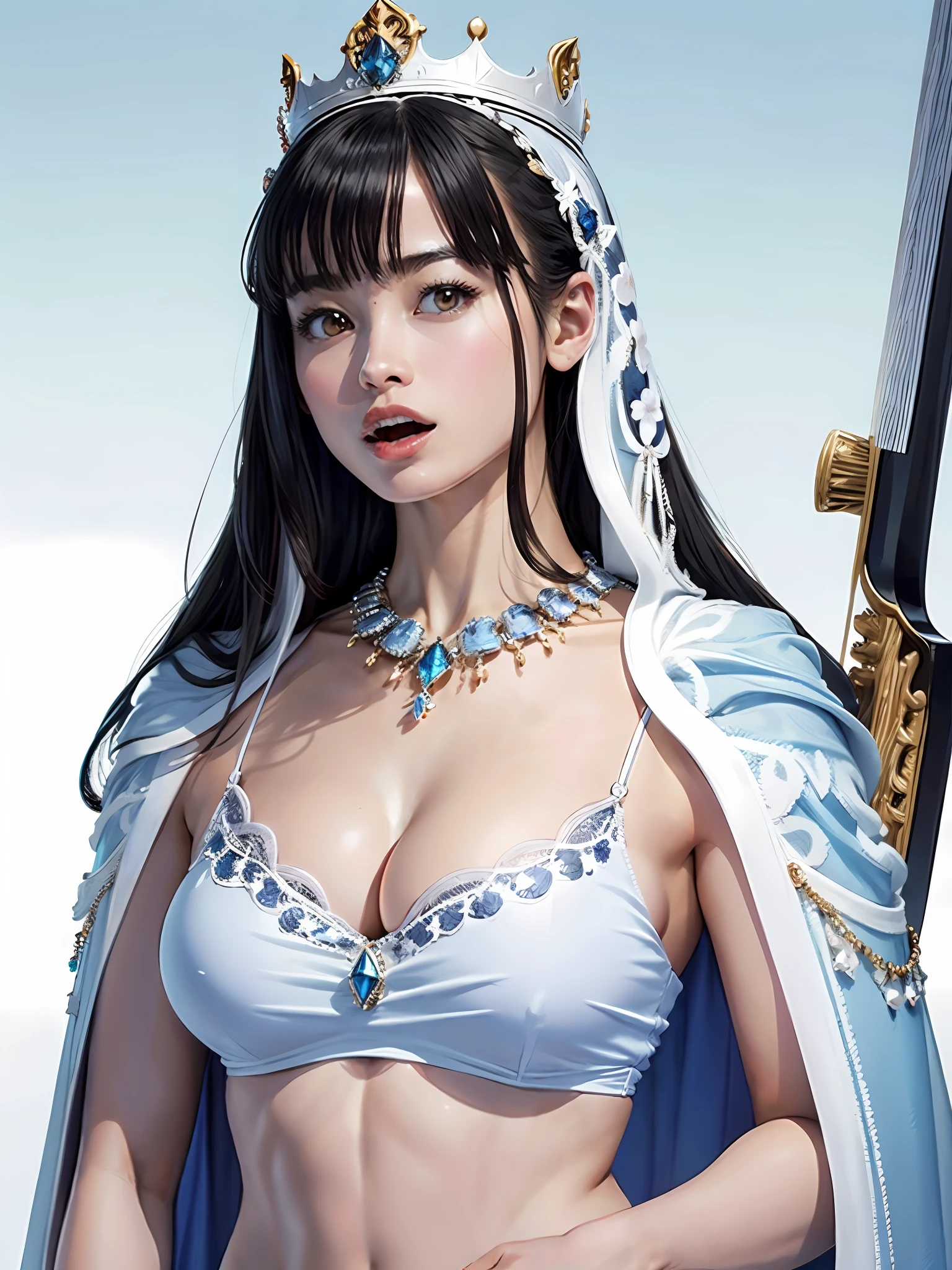(Masterpiece, Top Quality, Best Quality, Official Art, Beautiful and Aesthetic: 1.2), Ultra-detailed complex 3D rendering of face, various poses, ((Huge breasts: 2.4)), (Exposure: 1.1), (Transparent thin colorless micro bikini), Perfect figure: 1.4, Slim abs: 1.1, (1 female), No bra, Light blue cape lined with fur, detailed huge crown adorned with precious stones: 2.2), cleavage, black hair, white skin, beautiful jewel necklace with strong and detailed weapons, open mouth lightly,