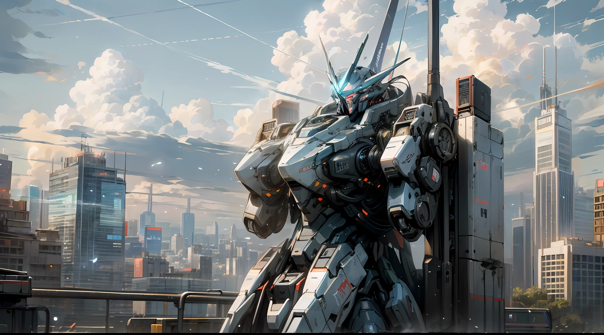 sky, cloud, holding_weapon, no_humans, glowing, , robot, building, glowing_eyes, mecha, science_fiction, city, realistic,mecha