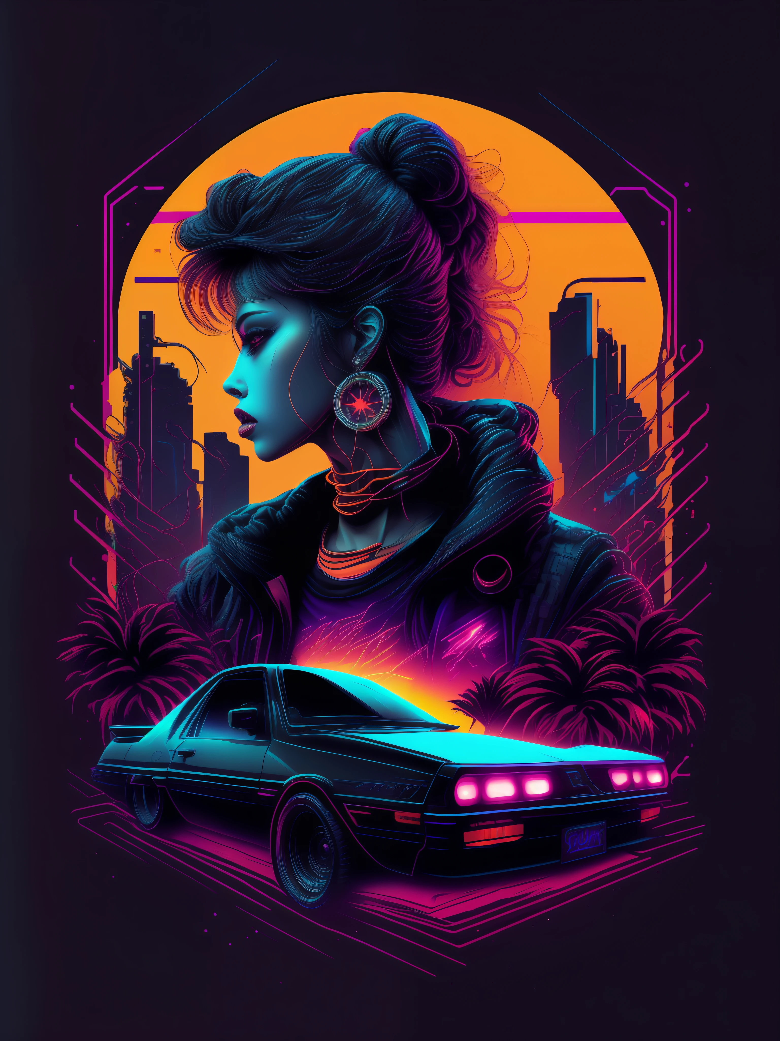 Hot Girl, car, vectorized, synthwave, purple blue red orange, bright neon colors on a dark background,