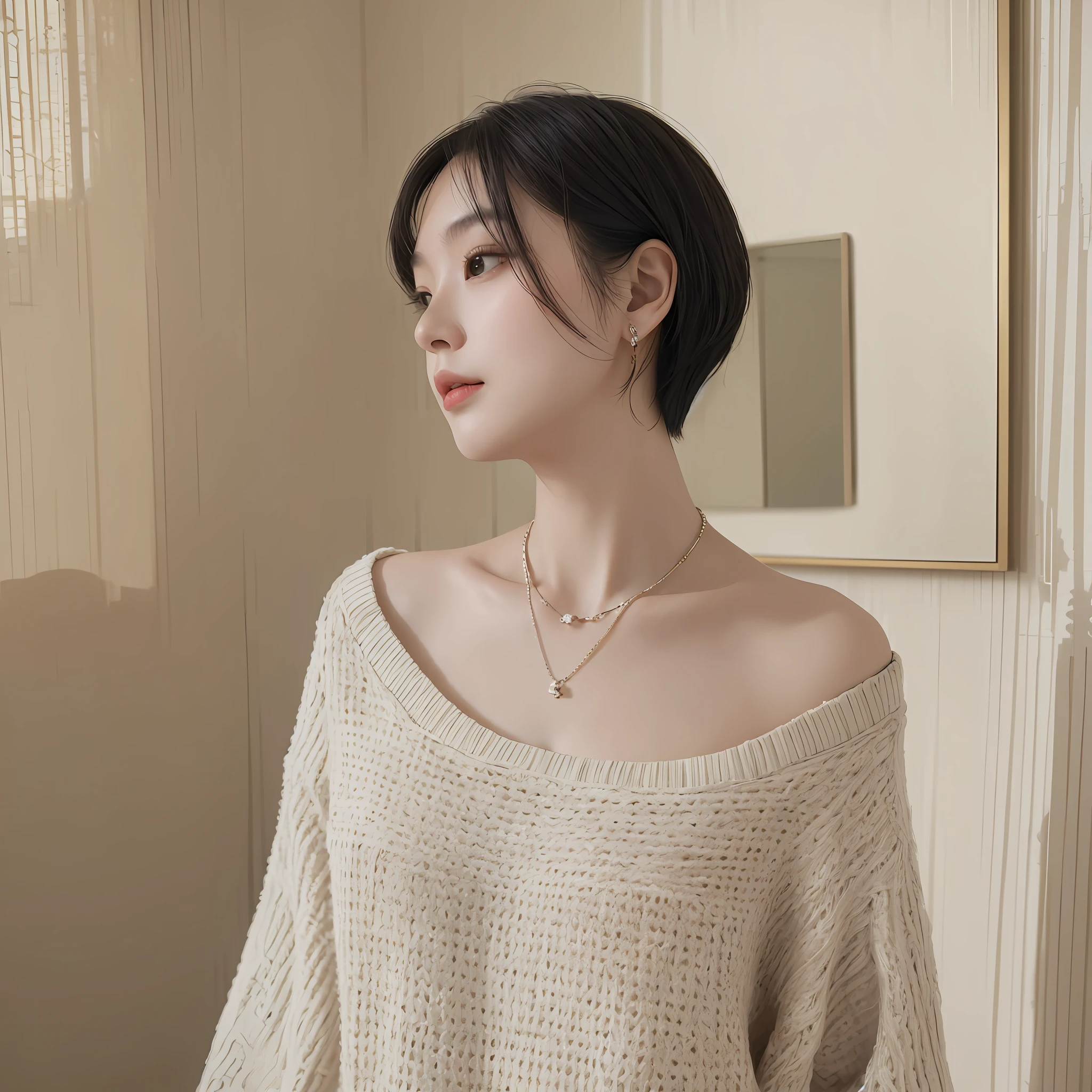 (Best quality, 8k, 32k, masterpiece, UHD: 1.2), photo beautiful chinese woman, room, very short Bob hair, full body, no clothes, facial focus, oversized_sweater, necklace, simple bathroom, from above, looking at the viewer, --auto --s2