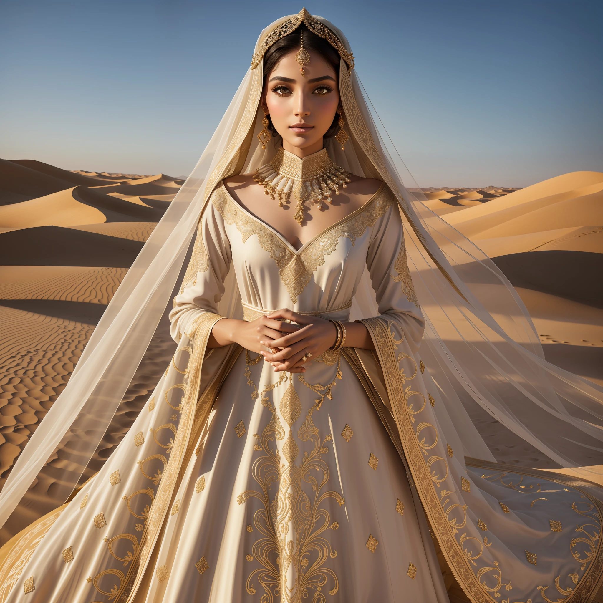 intricate digital illustration of the "Empty Quarter Bride" wearing a modest dress and a face cover, representing the traditional customs and values of the Arabian Peninsula. She is depicted with grace and elegance, symbolizing the beauty that lies beneath the veil.

The bride is dressed in a (flowing, long-sleeved gown)1.2 made from luxurious fabrics, showcasing intricate (embroidery)1.4 and delicate (lace)1.3 details. The dress is designed to cover her entire body, exemplifying modesty and refinement.

Her head is adorned with a (decorative headpiece)1.2, featuring (subtle embellishments)1.3 that complement her attire. A sheer (face cover)1.4 is worn, revealing only her eyes, adding an aura of mystery and intrigue.

Her eyes are captivating, accentuated with (subtle eye makeup)1.2 that highlights their natural beauty. Her lips are adorned with a soft, (neutral shade)1.3, enhancing her features while maintaining a modest appearance.

The background portrays the vast expanse of the Empty Quarter desert, with (sand dunes)1.4 stretching endlessly under a serene sky. The golden hues of the setting sun cast a warm and enchanting glow.

Overall, the illustration celebrates the Empty Quarter Bride's traditional values, showcasing her beauty, grace, and adherence to modesty. It captures the rich cultural heritage of the Arabian Peninsula and the captivating allure of the bride's concealed beauty.