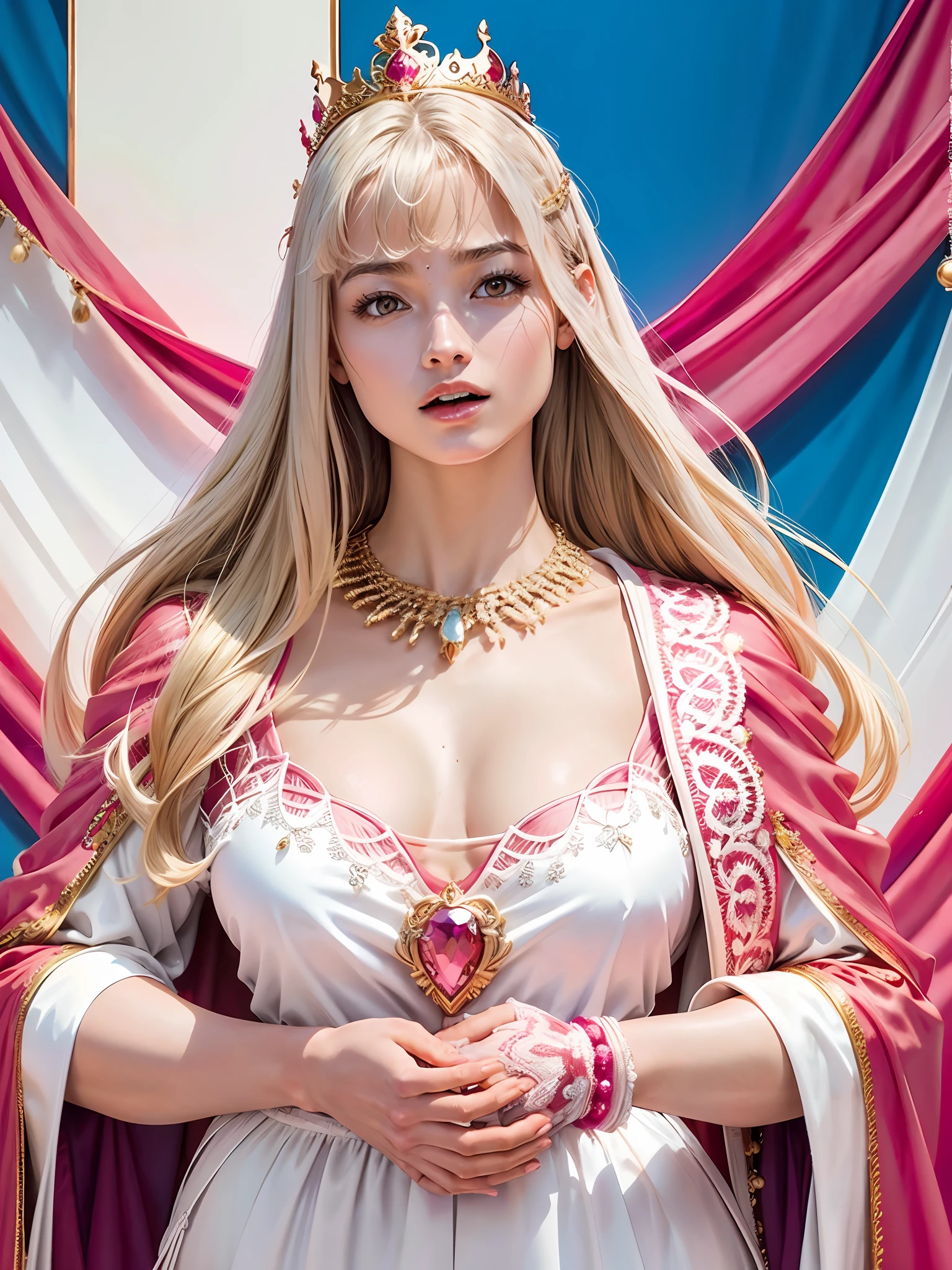 (masterpiece, highest quality, highest quality, official art, beautiful and aesthetic: 1.2), ultra-detailed complex 3D rendering of face, various poses, ((huge breasts: 2.4)), (exposure: 1.1), (transparent thin colorless micro bikini), perfect figure: 1.4, slim abs: 1.1, (1 woman), no bra, pink cape lined with fur, detailed huge crown adorned with precious stones: 2.2), cleavage, blonde, white skin, beautiful jewel necklace with strong and detailed weapons, opening mouth lightly,