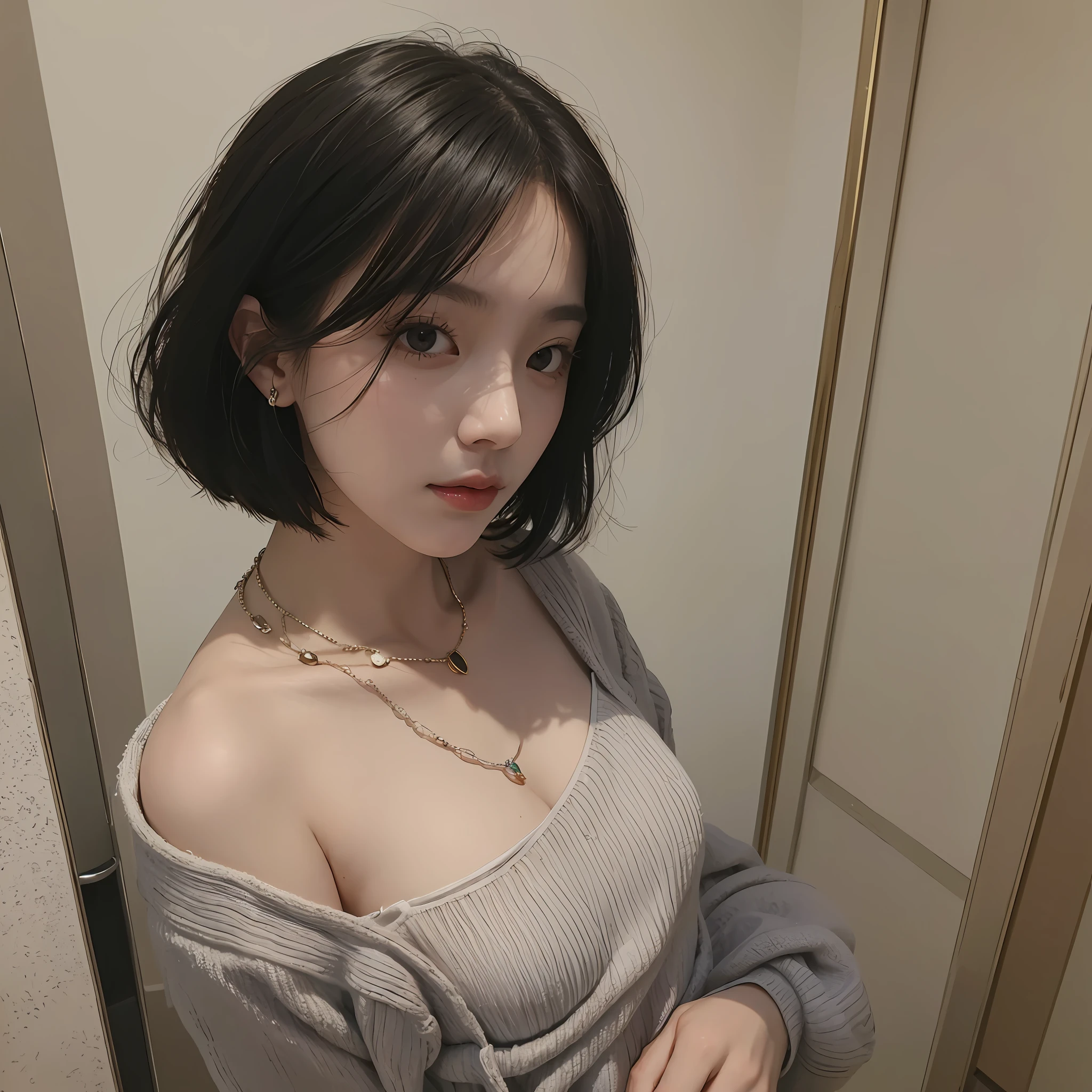 (Best Quality, 8k, 32k, Masterpiece, UHD: 1.2), Photo Beautiful Chinese Woman, Room, Very Short Bob Hair, Upper Body Without Clothes, Facial Focus, oversized_sweater, Necklace, Simple Background, From Above, Looking at the Viewer, --auto --s2