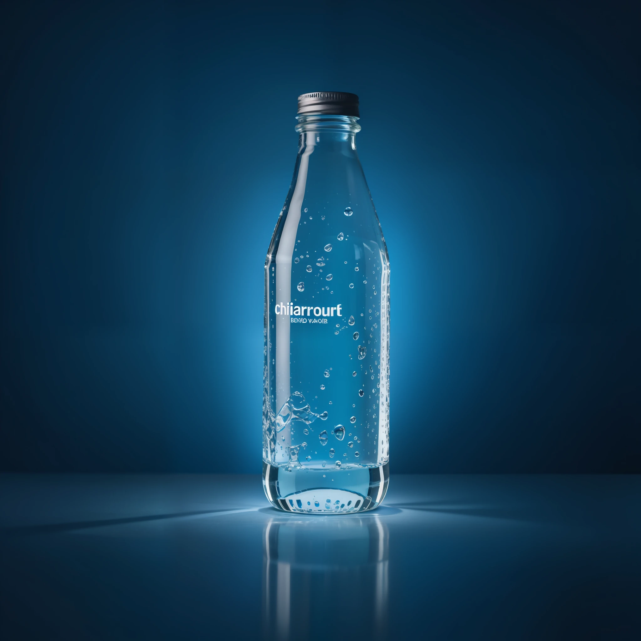 Bottled water, crystal clear body, close-up of bottle bottom, advertising, transparent bottle, dark background, focal length 85mm, f/11, caustic, subjective perspective, chiaroscuro, backlight.