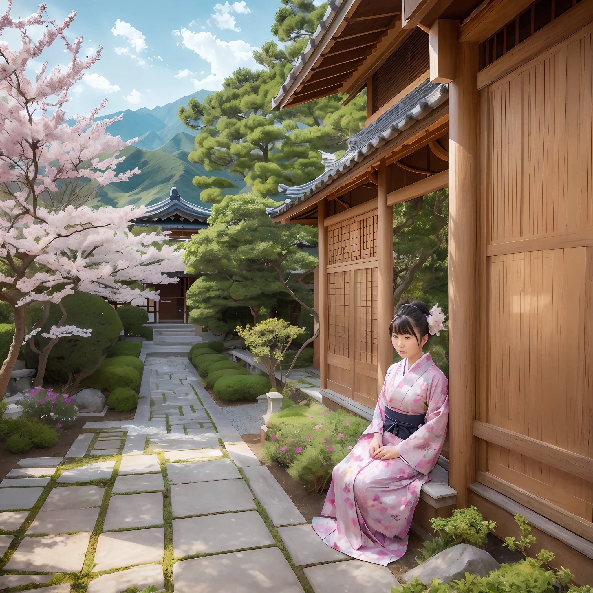 Based on the following instructions, draw a picture in a classic art style with a delicate and profound feeling.In the center of the painting, a vast view of the Mohri Garden spreads out. There are no mountains around this area.  This is Yedo (Edo) in Japan 200 years ago.  In the center of the garden stands one beautifully shaped pine tree and one cherry tree. In a very far distance, seen are a couple of Japanese women facing this way.  They are wearing authentic Japanese Kimono with a wig of Shimada-mage, a classical Japanese hairstyle for women. In terms of the style of painting, I would like classical art with a delicate yet profound feeling. The figures are carefully drawn down to the smallest detail but in a very far distance. The landscape of the garden has no water features; just the scenery of the garden of the Choshu residence spreads out, creating an Bushido-like atmosphere, where Choshu is the old name of Kagoshima during Yedo period. No mountains in the backdrop.  Very flat land. Deep colors are used throughout the painting.   --ar 420594, --seed 987654321 --auto --s2