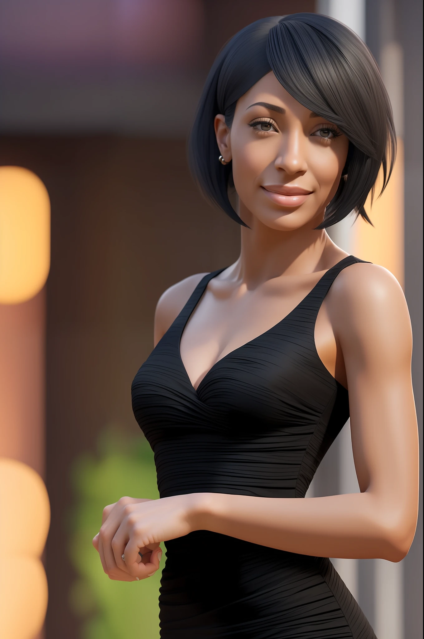 (((Tamara Taylor))), (a very tall slender woman standing at the reception of a hotel), ((tall slender figure)), ((hairstyle Bob)), ((short straight black hair)), (narrow pelvis), (small round breasts), big brown eyes, ((small head)), (sunset), evening mood, she smiles, (((She wears a short black pencil dress made of jersey fabric))), (photorealistic:1.2), (best quality), (intricate details), 8K, (High Poly), (Raytracing), (Cinema lighting), (Sharp focus), (detailed face:1.3), natural and realistic skin textures, soft face, (perspective from the side)