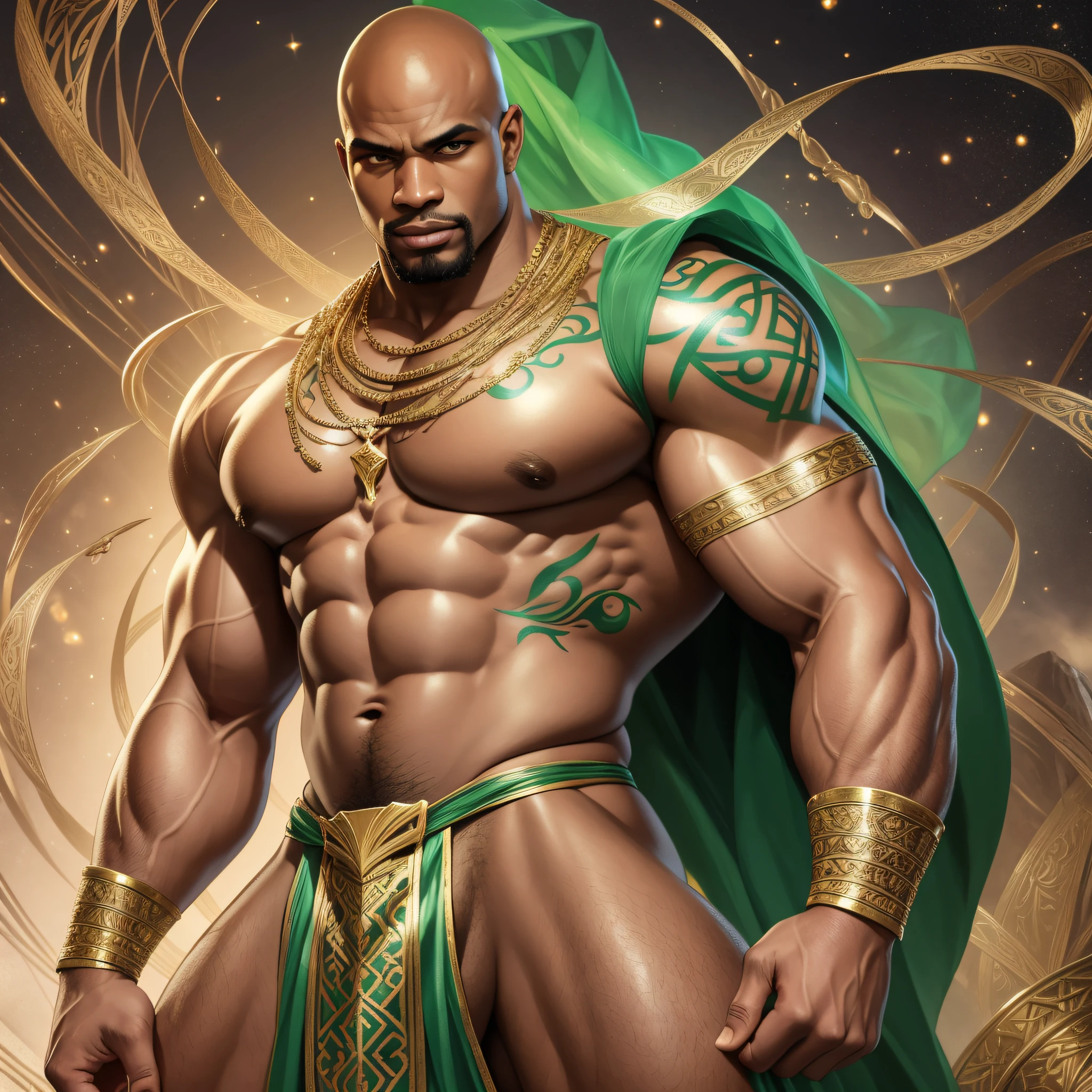 character portrait painting including full-length body image, huge muscular physique, handsome bald Nigerian, longshot, naked male in Arabian Nights costume, visible alien tattoos on huge muscular thighs chest and shoulders, loos elaborate kimono-style skirt, green pink gold, a magical symbol woven in gold thread into his clothing, action hero, intricate and detailed drawing