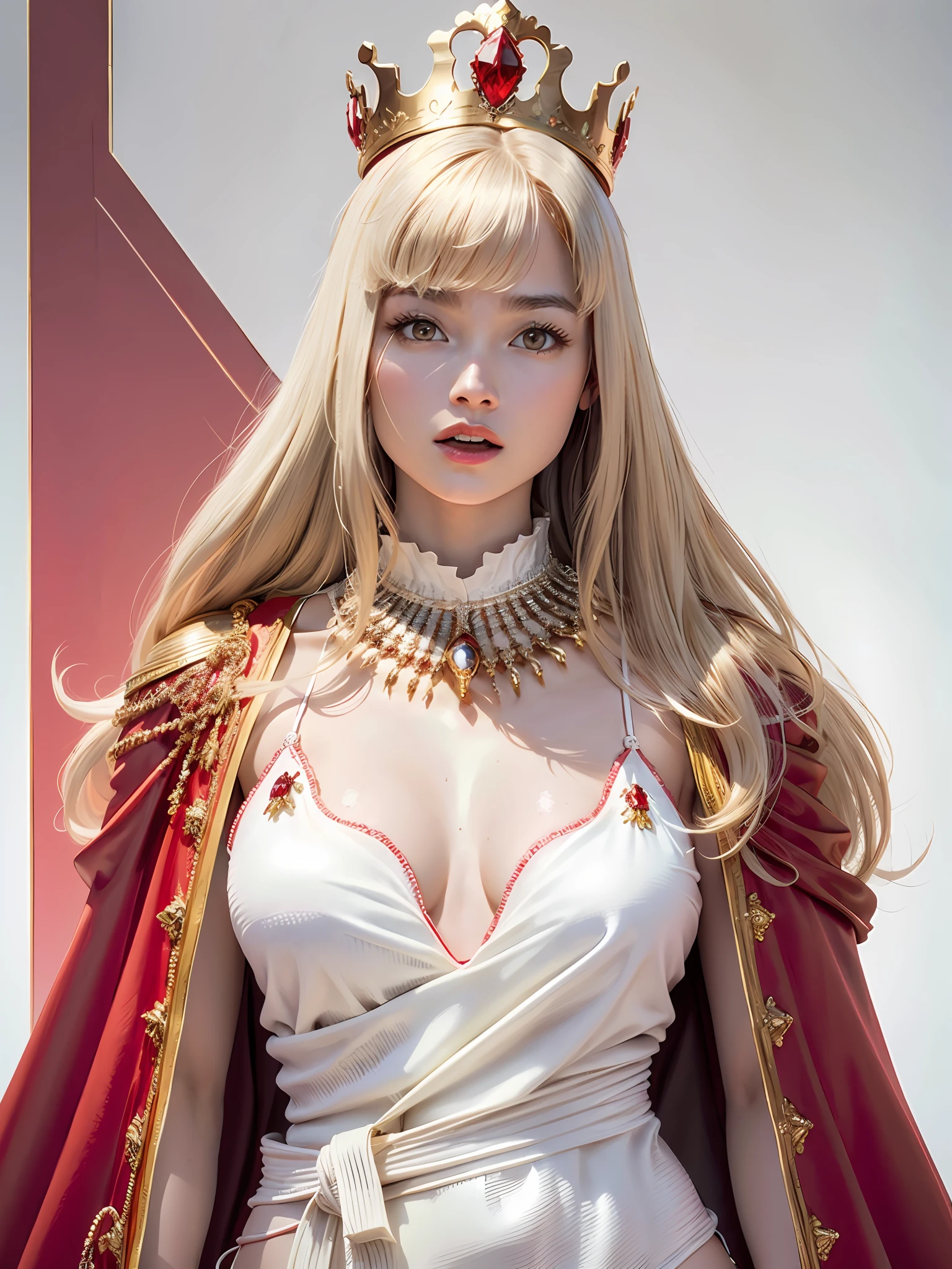 (Masterpiece, Top Quality, Best Quality, Official Art, Beautiful and Aesthetic: 1.2), Ultra-detailed complex 3D rendering of face, various poses, ((Huge breasts: 2.4)), (Exposure: 2.1), (Transparent thin colorless micro bikini), Perfect figure: 1.4, Slim abs: 1.1, (1 girl), No bra, Fur-lined red cape, Detailed huge crown adorned with precious stones: 2.2), cleavage, blonde, white skin, beautiful jewel necklace with strong and detailed weapons, opening mouth lightly,