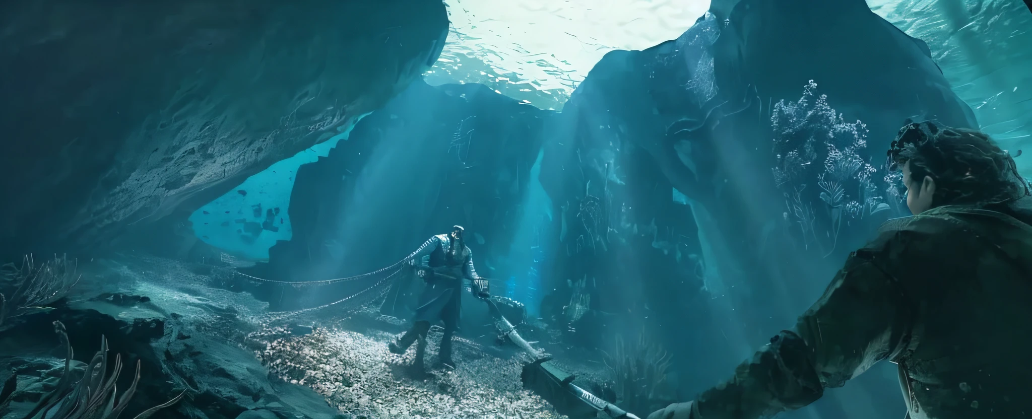 2 men, a man locked by 4 chains at the bottom of the lake, there is a man standing at the bottom of the lake holding a sword, concept art 8K resolution, concept art 8K resolution, amazing concept art, highly realistic concept art, beautiful concept art, Jessica Rosier fantasy art, original concept art, underwater crystal cave, close-up movie aquatic scenes, highly detailed watercolor 8 K, highly detailed watercolor 8K