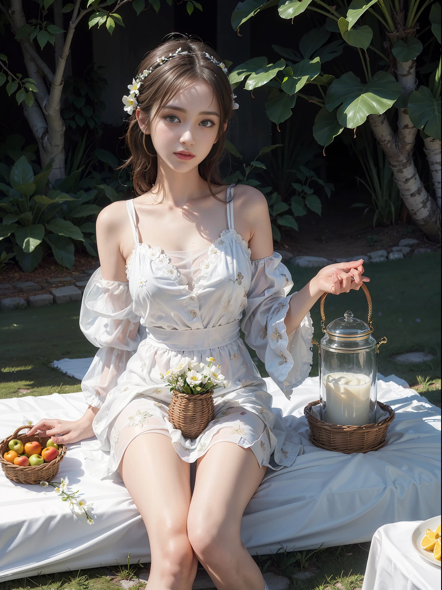 Dressed, (Photorealistic: 1.4), (Hyperrealistic: 1.4), (Realistic: 1.3), (Smooth Lighting: 1.05), (Improved Cinematic Lighting: 0.9), 32K, 1 girl, 20 year old adult woman, bright spring morning natural light, backlit, face light, ray tracking, (Bright light: 1.2), (Quality improvement: 1.4), (Top quality realistic textured skin: 1.4), fine detailed eyes, detailed face, fine quality eyes, brown eyes, (tired and sleepy and satisfied: 0.0), floral blouse with ruffles, one woman in Japan wearing white floral bra, white floral panties, faint smile, sitting with sheets on the grass, full body, white silk ankle-length socks, basket with fruits and flowers, Tea set, green glass jar with water