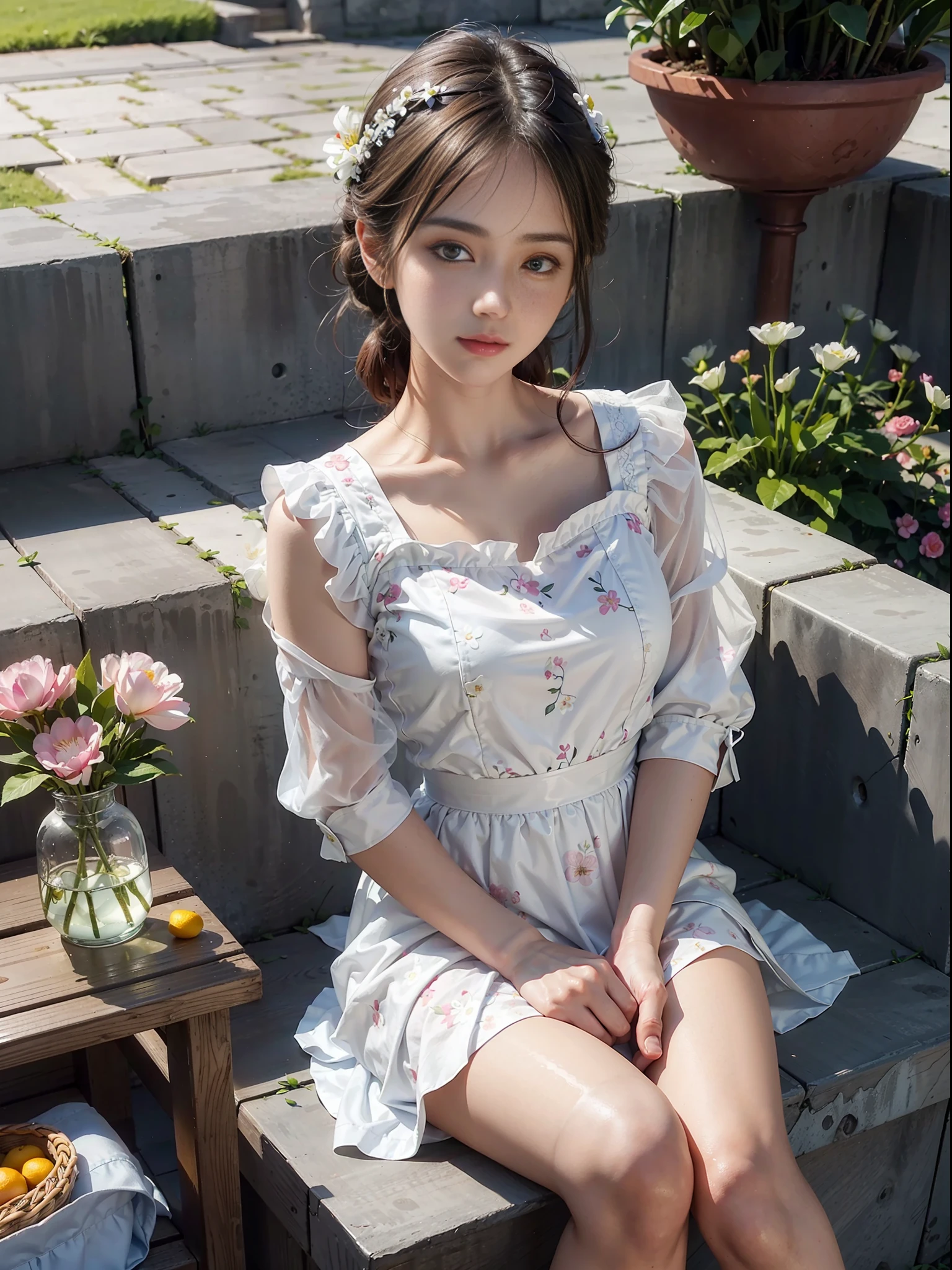 Dressed, (Photorealistic: 1.4), (Hyperrealistic: 1.4), (Realistic: 1.3), (Smooth Lighting: 1.05), (Improved Cinematic Lighting: 0.9), 32K, 1 girl, 20 year old adult woman, bright spring morning natural light, backlit, face light, ray tracking, (Bright light: 1.2), (Quality improvement: 1.4), (Top quality realistic textured skin: 1.4), fine detailed eyes, detailed face, fine quality eyes, brown eyes, (tired and sleepy and satisfied: 0.0), floral blouse with ruffles, one woman in Japan wearing white floral bra, white floral panties, faint smile, sitting with sheets on the grass, full body, white silk ankle-length socks, basket with fruits and flowers, Tea set, green glass jar with water