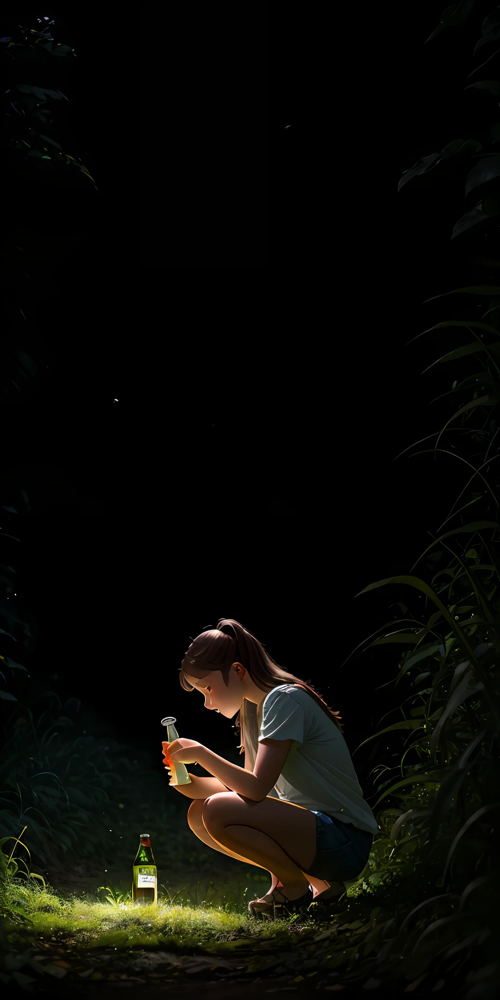 Insect World, Leaves, Meadow, Jungle, A Girl (8k, RAW Photo, High Sensitivity, Best Quality, Masterpiece, Ultra High Resolution, Realisticity: 1.25), A Girl, Tears, Sad, Side Squatting to the Right, Crawling on Legs, Not Leaking Face, Country Road, Dark Night Street Light Moon, Beer Bottle