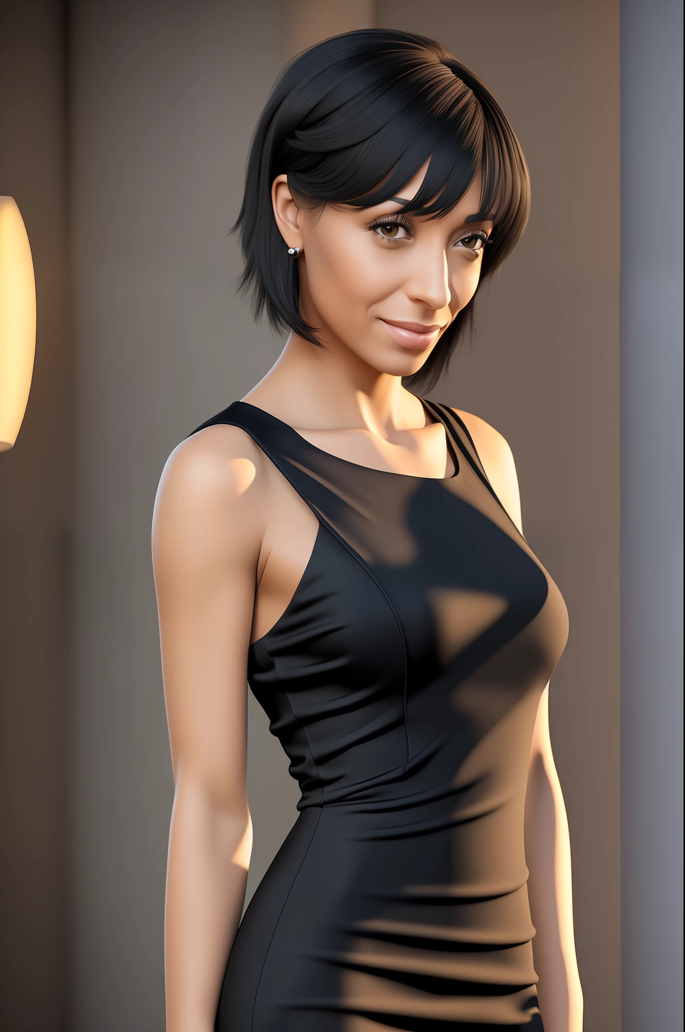 (((Tamara Taylor))), (a very tall slender woman standing at the reception of a hotel), ((tall slender figure)), ((hairstyle Bob)), ((short straight black hair)), (narrow pelvis), (small round breasts), big brown eyes, ((small head)), (sunset), evening mood, she smiles, (((She wears a short black pencil dress made of jersey fabric))), (photorealistic:1.2), (best quality), (intricate details), 8K, (High Poly), (Raytracing), (Cinema lighting), (Sharp focus),  (detailed face:1.3), natural and realistic skin textures, soft face, (both straps of the dress have slipped down over the arm)