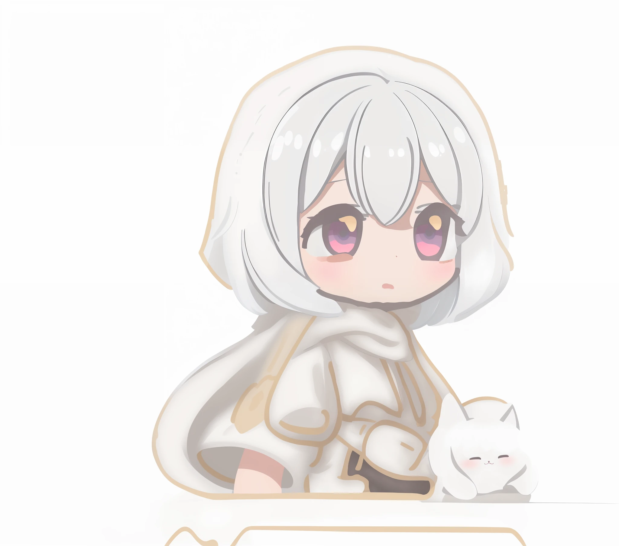 Drawing of girl with white hair and white dress, chibi anime, white hair god, chibi anime girl, chibi girl, kawaii chibi, holding fork, original chibi bunny girl, white cat girl, baihime haircut, little girl, faint smile.