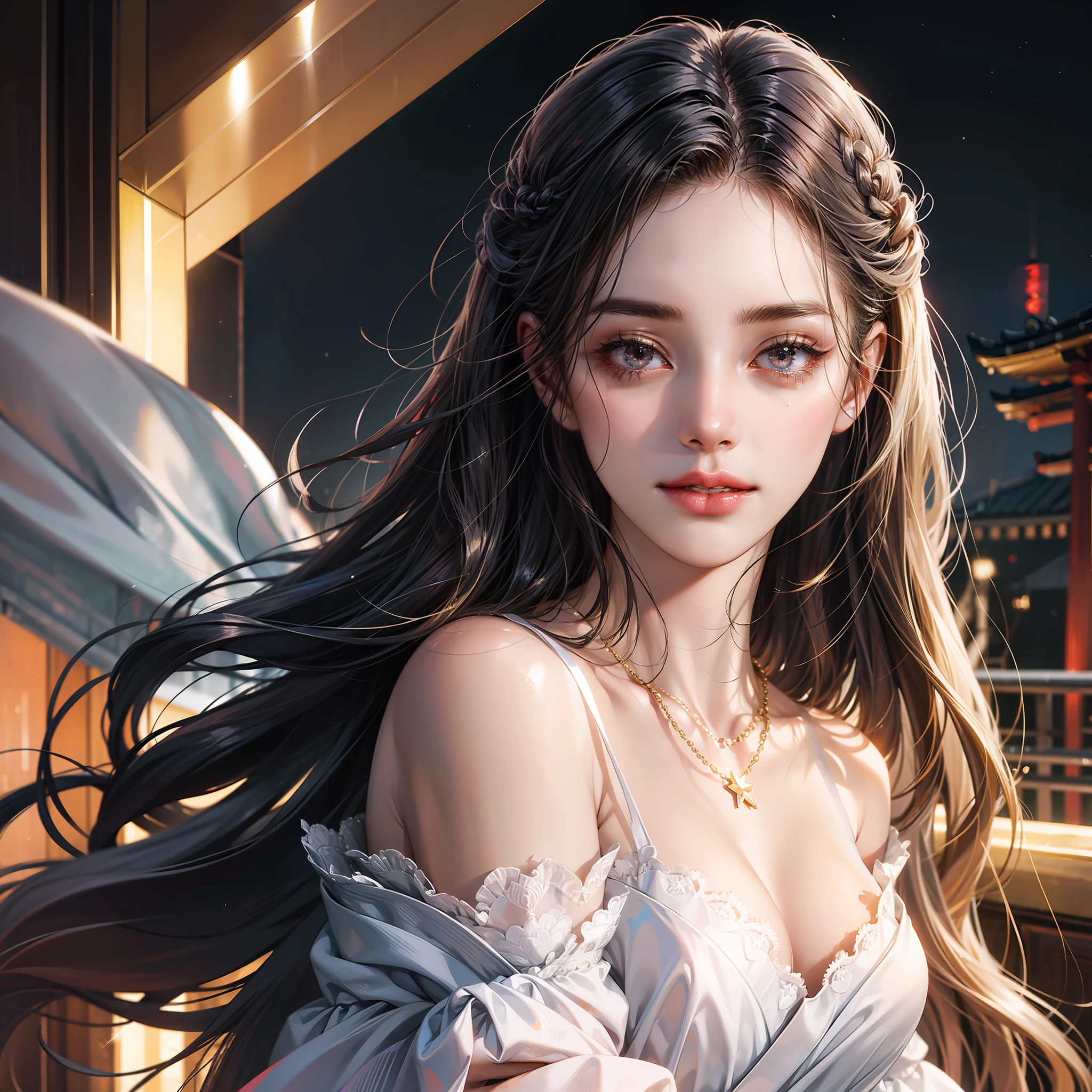 (absurd, high res, super detail), face close-up, face emphasis, face oriented, single woman, 22, 18, long straight hair, shiny beautiful hair, beautiful skin, luscious skin, beautiful eyes, with bangs, off shoulder, eye highlights, unbroken hands, rich lighting, large breasts, pale pink lips, soft lips, slightly open mouth, uniform 8K wallpaper with high definition CG, attention to detail, portrait, gaze, solo, half shot, detailed face, slightly smiling, dynamic pose, (Modern Japanese Subject: 1. 1), modern style clothing, black dress, black gloves, lace dress, contemporary theme Japanese, (Thriving Civilization: 1.1), (Pure White: 1.1,) Buildings, Roppongi, Ginza, Kabukicho, Neon lights, Japanese landscape, Fantastic, Romantic, Dance of Light, Sternity, Night, Darkness, Stars, Portrait, Film Lighting, Necklace, Date Scene