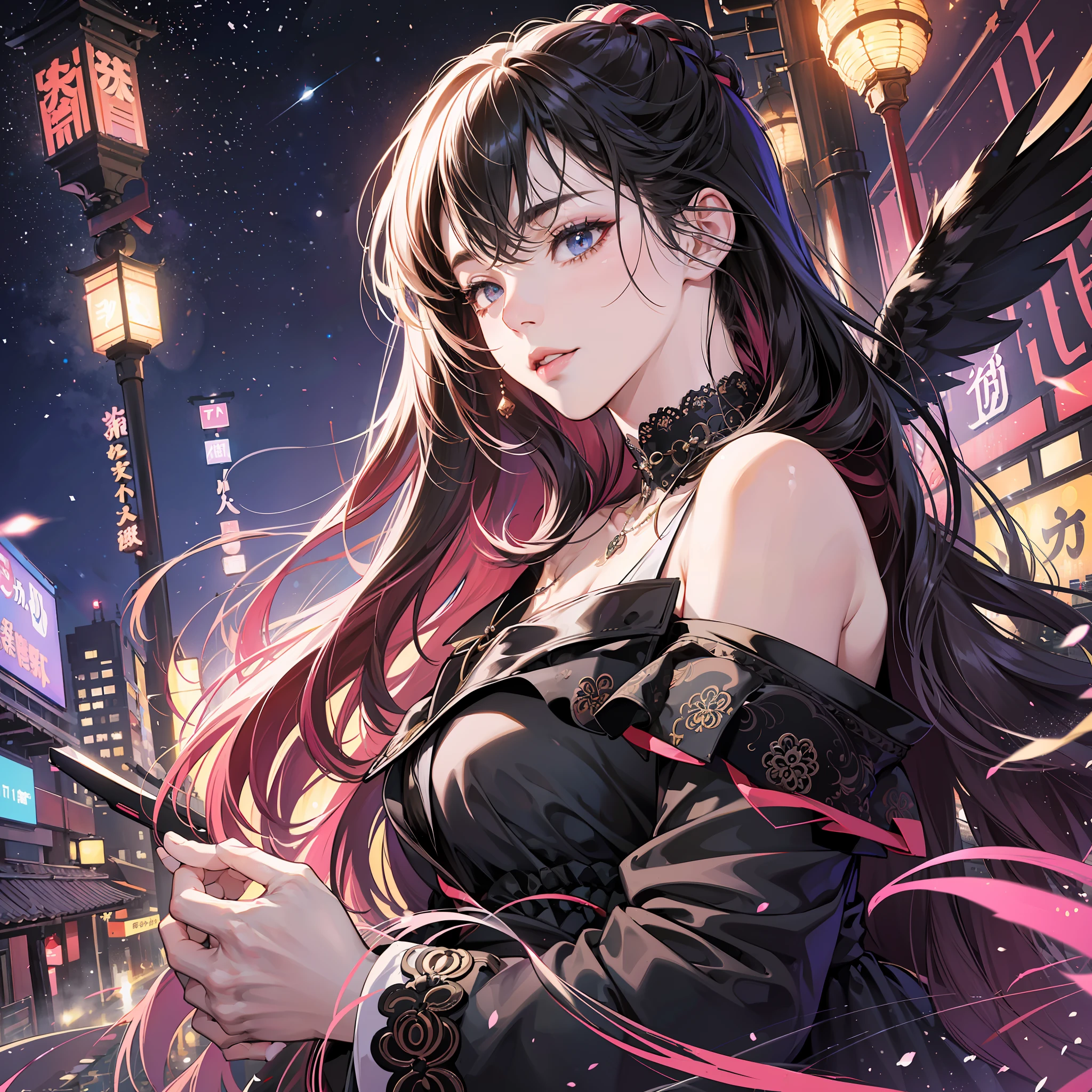 (absurd, high res, super detail), face up, face enhancement, face focus, side view, 22, 18, long straight hair, shiny beautiful hair, beautiful skin, luscious skin, beautiful eyes, with bangs, off shoulder, eye highlights, unbroken hands, rich lighting, large breasts, pale pink lips , soft lips, slightly open mouth, uniform 8K wallpaper with high definition CG, attention to detail, portrait, gaze, solo, half shot, detailed face, slightly smiling, dynamic pose, (Contemporary Japanese Subject: 1. 1), contemporary clothing, black dress, black gloves, lace dress, contemporary Subject, (Thriving Civilization: 1.1), (Pure White: 1.1,) Building, Roppongi, Ginza, Kabukicho, Neon Light, Japanese Landscape, Fantastic, Romantic, Dance of Light, Sternity, Night, Darkness, Stars, Portrait, Film Lighting, Necklace, Date Scene --auto --s2