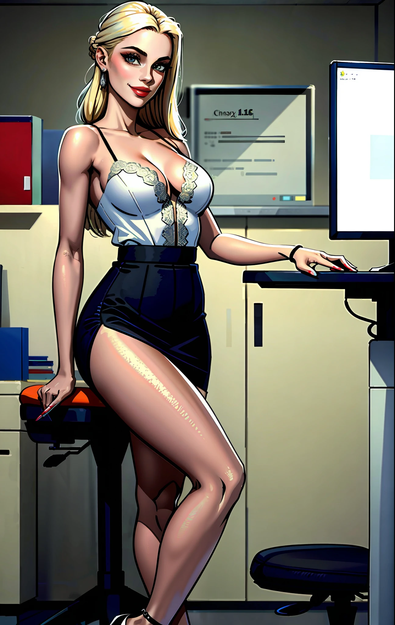 (masterpiece:1.4), detailed photograph of a beautiful american receptionist, 1 woman, solo, 19 years old, blonde, long chignon hair, pretty areolas, beautiful thin long legs, smiling, seductive, natural makeup, wearing a lace brassiere, skirt, small breasts, slender waist, cleavage:1.1, thigh-high slit:1.1, high-heels sandals, no bra, no panties, office:1.2, computer chair, computer, intricate, realistic:1.3, vibrant colors:1.1