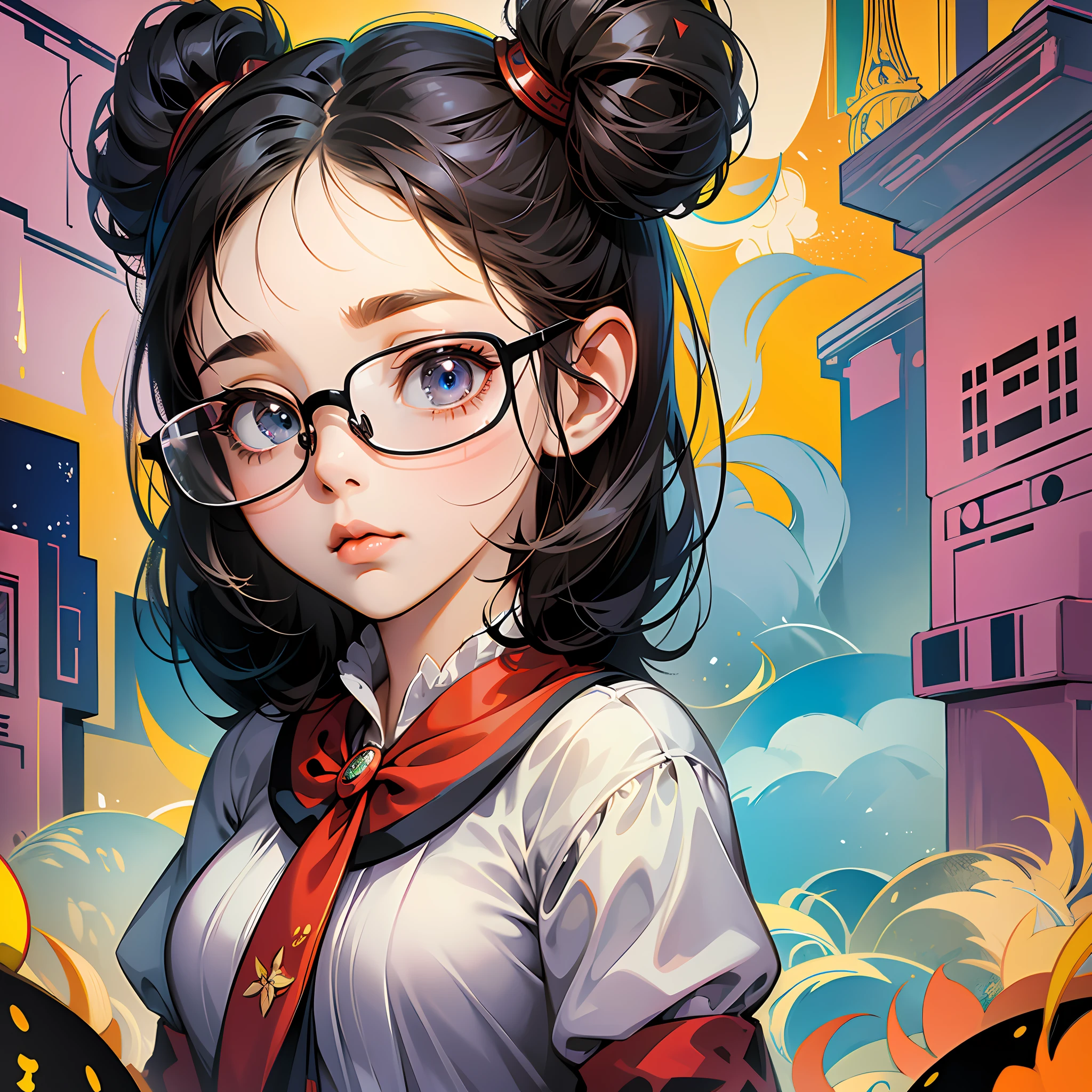 Glaring little girl, glasses, big eyes, cute, slightly fat, Disney style, digital-art, cinematic, hyper quality, cubism, unreal, normal, rubber, fantasy --auto --s2