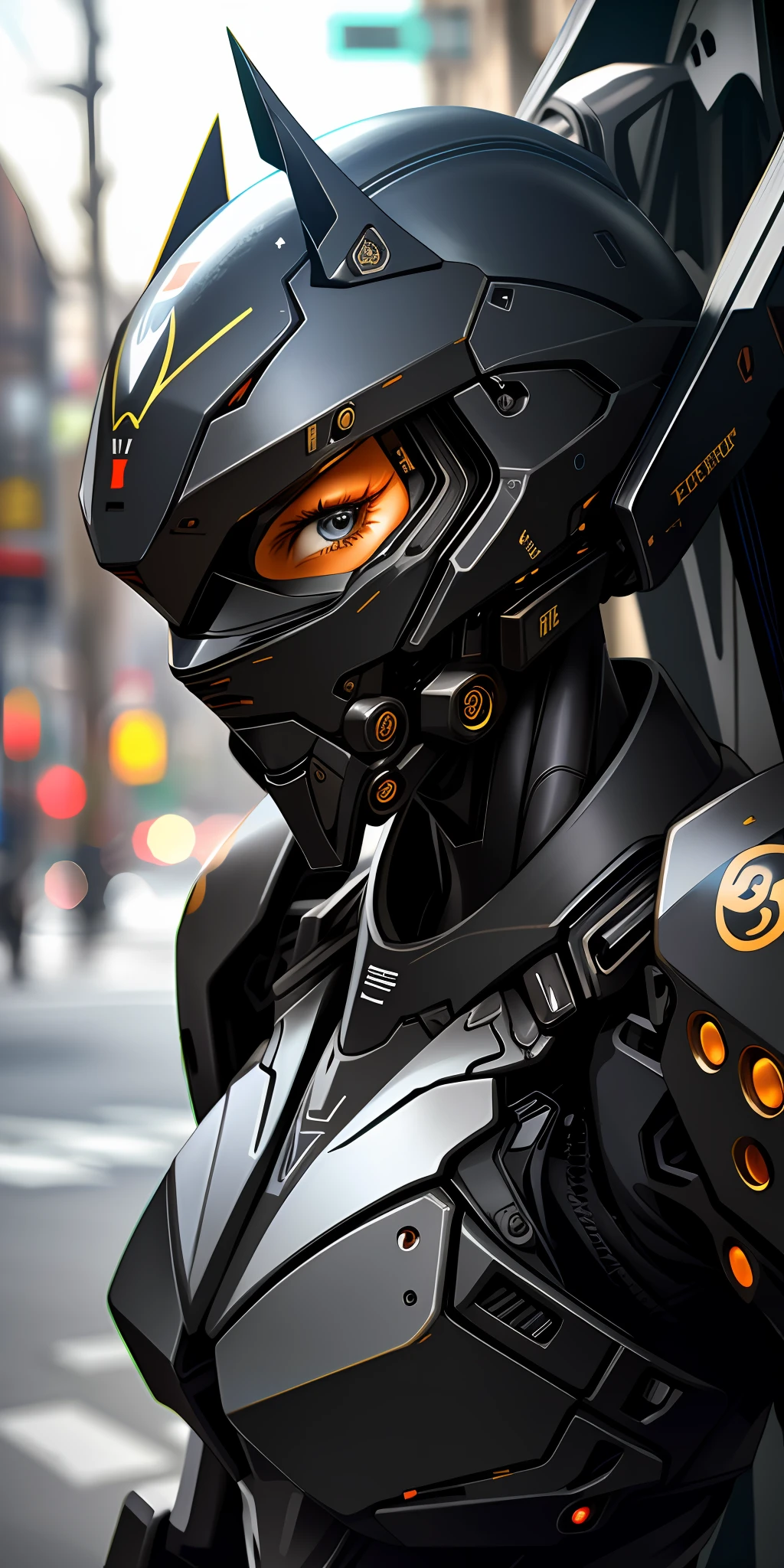 Portrait photo of cute woman, perfect eyes, wearing mecha exo-suit, (light bokeh)), complex, (black painted steel metal [rust]), elegant, sharp focus, soft lighting, vivid colors, masterpiece, (((street)), detailed face, beetle motif