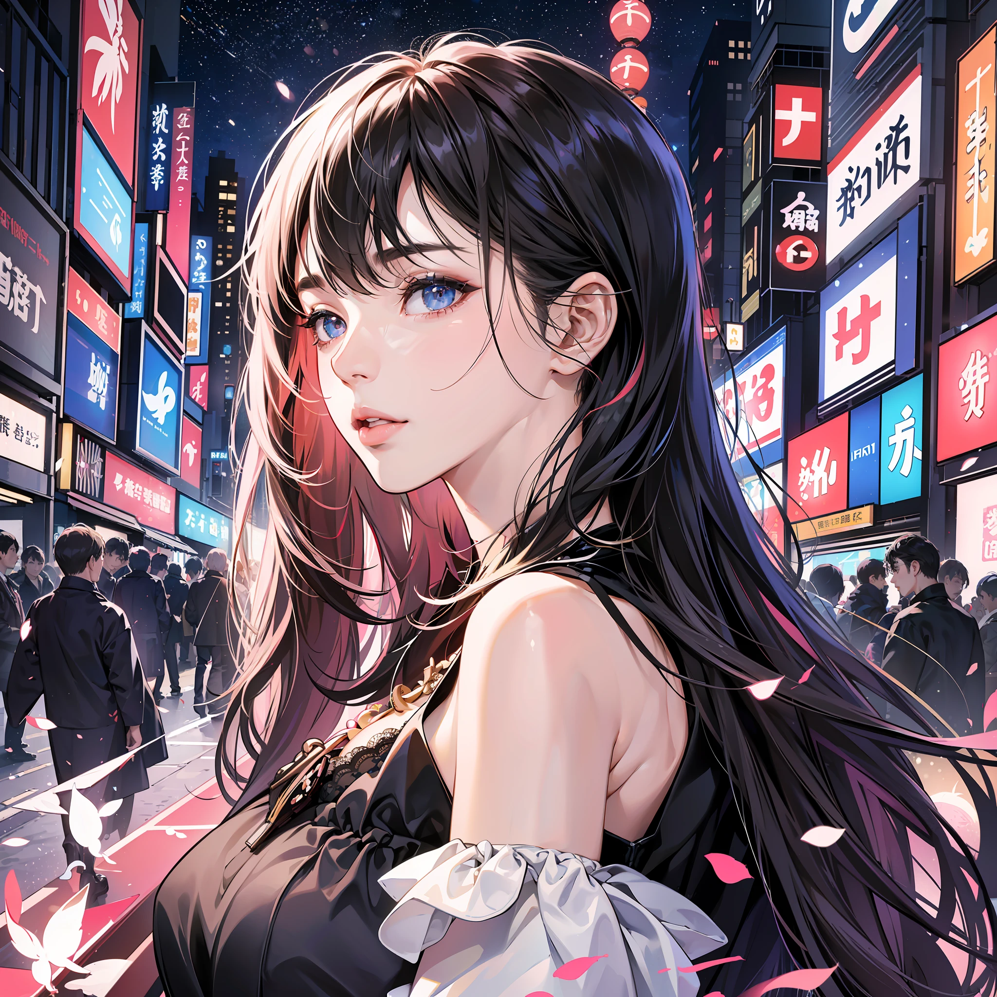 (absurd, high res, super detail), face up, face enhancement, face focus, side view, 22, 18, long straight hair, shiny beautiful hair, beautiful skin, luscious skin, beautiful eyes, with bangs, off shoulder, eye highlights, unbroken hands, rich lighting, large breasts, pale pink lips , soft lips, slightly open mouth, uniform 8K wallpaper with high definition CG, attention to detail, portrait, gaze, solo, half shot, detailed face, slightly smiling, dynamic pose, (Contemporary Japanese Subject: 1. 1), contemporary clothing, black dress, black gloves, lace dress, contemporary Subject, (Thriving Civilization: 1.1), (Pure White: 1.1,) Building, Roppongi, Ginza, Kabukicho, Neon Light, Japanese Landscape, Fantastic, Romantic, Dance of Light, Sternity, Night, Darkness, Stars, Portrait, Film Lighting, Necklace, Date Scene --auto --s2