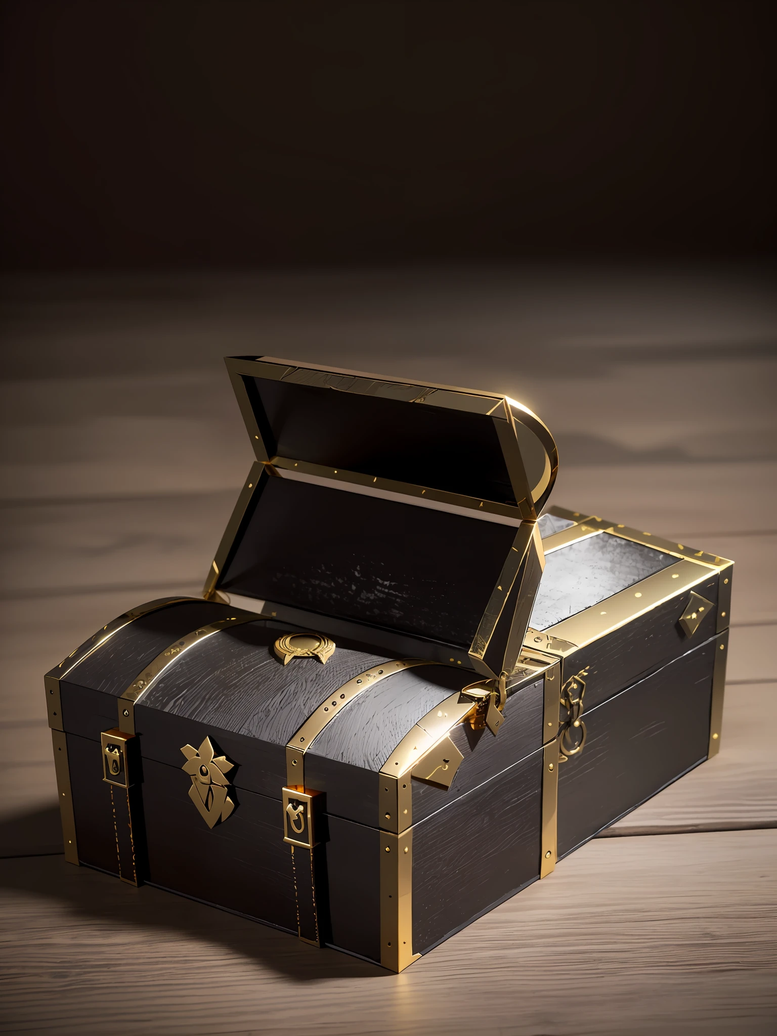 A small black and gold metal chest, treasure chest, treasure chest, loot chest, look at the treasure chest, on dark background, open lid, high quality