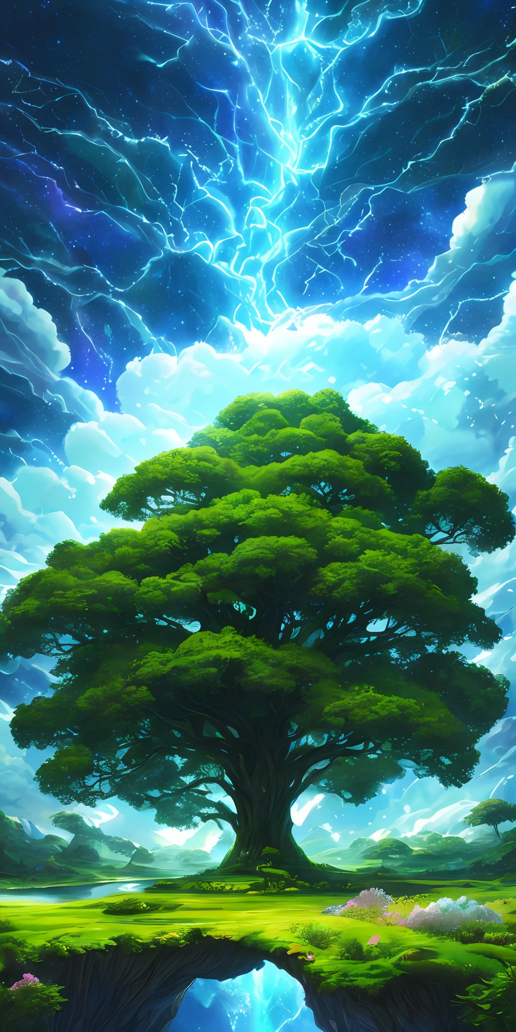 Illustration of a surreal, otherworldly, hyper sky scene including a giant crystal tree full body, highly detailed and magical lighting, intricate forest details, vegetation and surrounding river, solar punk, landscape, giant tree , beautiful green leaves, beautiful lighting and realistic proportions, as if this is a movie background, 8k, highest quality, masterpiece, clouds and stars in the sky.