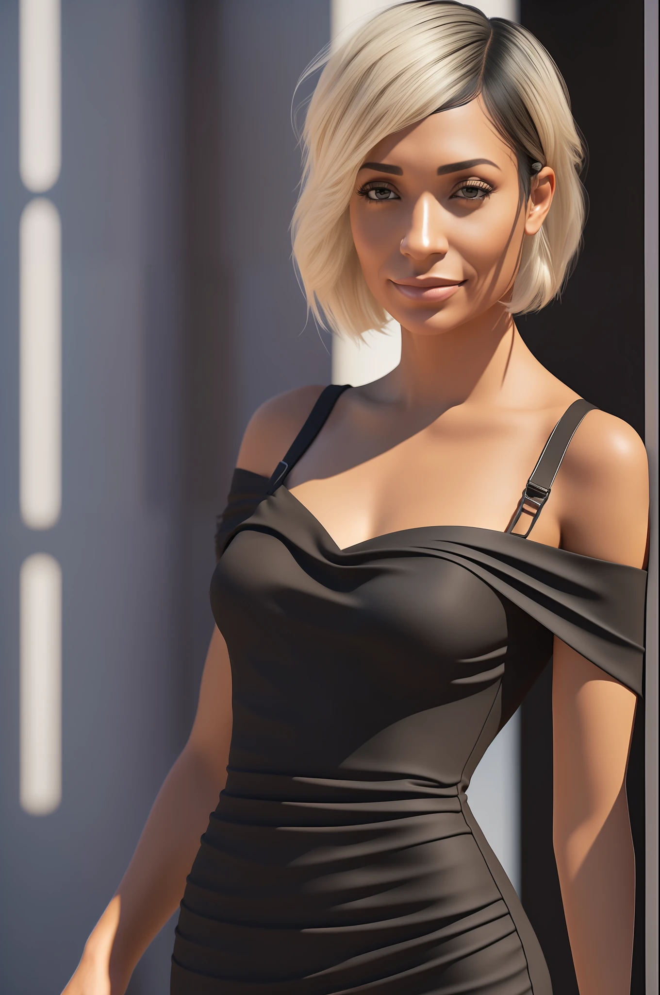 (((Tamara Taylor))), (a very tall slender woman standing at the reception of a hotel), ((tall slender figure)), ((hairstyle Bob)), ((short straight black hair)), (narrow pelvis), (small round breasts), big brown eyes, ((small head)), (sunset), evening mood, she smiles, (((She wears a short black pencil dress made of jersey fabric))), (photorealistic:1.2), (best quality), (intricate details), 8K, (High Poly), (Raytracing), (Cinema lighting), (Sharp focus), (detailed face:1.3), natural and realistic skin textures, soft face, ((both straps slipped off the shoulder))