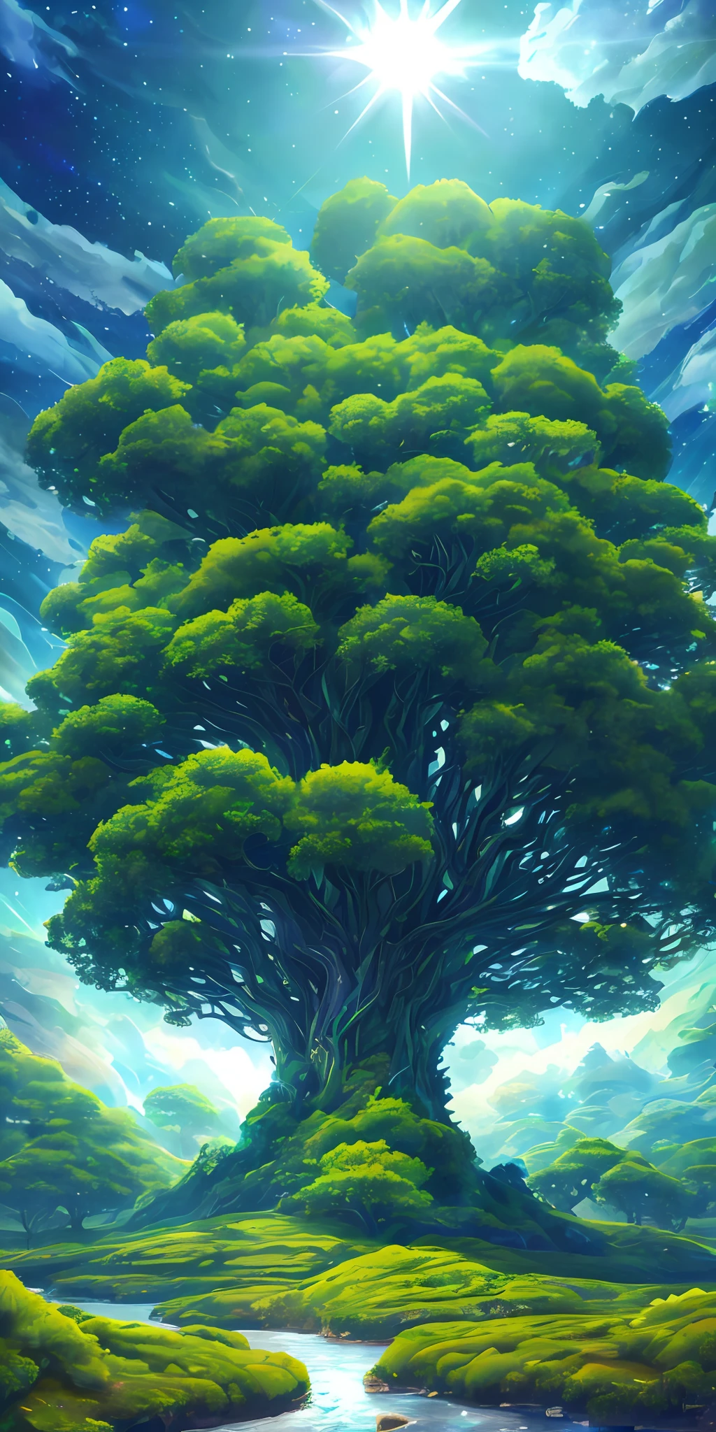 Illustration of a surreal, otherworldly, hyper sky scene including a giant crystal tree full body, highly detailed and magical lighting, intricate forest details, vegetation and surrounding river, solar punk, landscape, giant tree , beautiful green leaves, beautiful lighting and realistic proportions, as if this is a movie background, 8k, highest quality, masterpiece, clouds and stars in the sky.