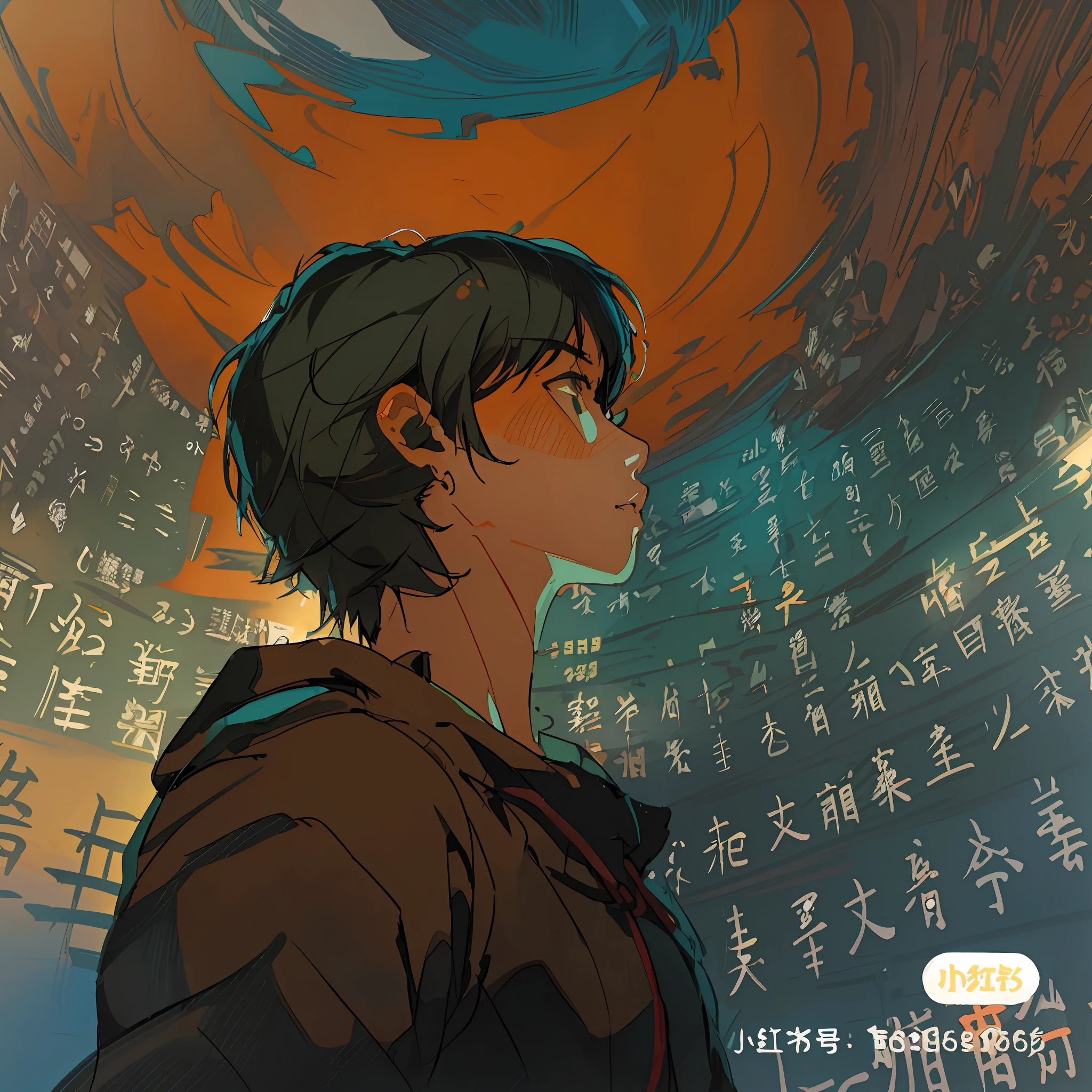 The anime character looks up at the sky with Chinese written in traditional characters, and there are some books around ((Shinkai Makoto)), Shinkai Makoto. Digital rendering, Makoto Shinkai!, Makoto Shinkai! , Shinkai Makoto style, Shinkai Makoto style, Shinkai Makoto style, Shinkai Makoto art style --auto --s2