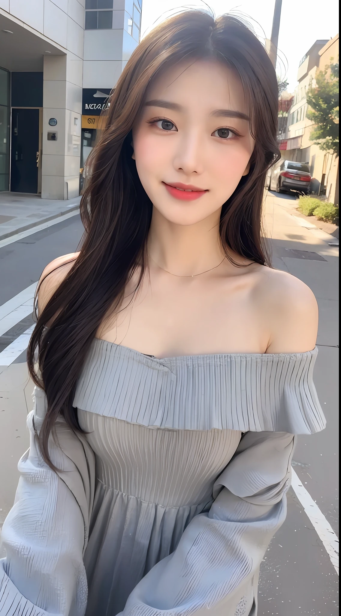 (1 Korean girl), ((best quality, 8k, masterpiece: 1.3)), ultra-clear details, perfect body beauty: 1.4, (smile), (Street: 1.3), highly detailed face and skin texture, fine eyes, double eyelids, whitened skin, (black straight face: 1.3), (round face: 1.5), (off-the-shoulder dress: 1.4),