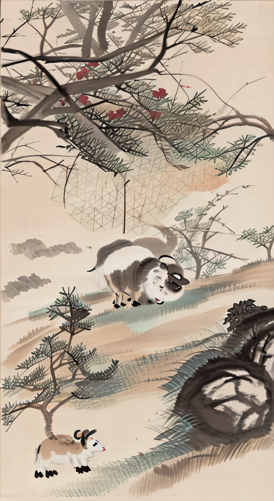 there are two sheep laying on the ground under a tree, by Dai Xi, by Zhou Shuxi, by Miao Fu, by Xu Xi, by Shen Quan, by Li Rongjin, chinese ink and wash painting, by Cao Zhibai, by Dong Qichang, by Guo Xi, by Li Zai, traditional chinese painting, by Qiu Ying