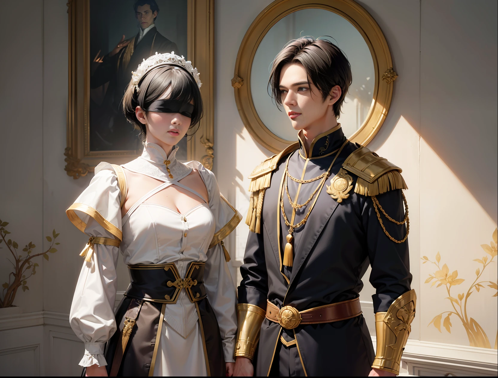 (absurd, HD, super detailed), 2 men standing side by side, handsome, tall, one of them extremely short black hair, blindfolding, white, the other medium short hair blonde, blue, warrior, long sleeves, gilt trim, best light and shadow