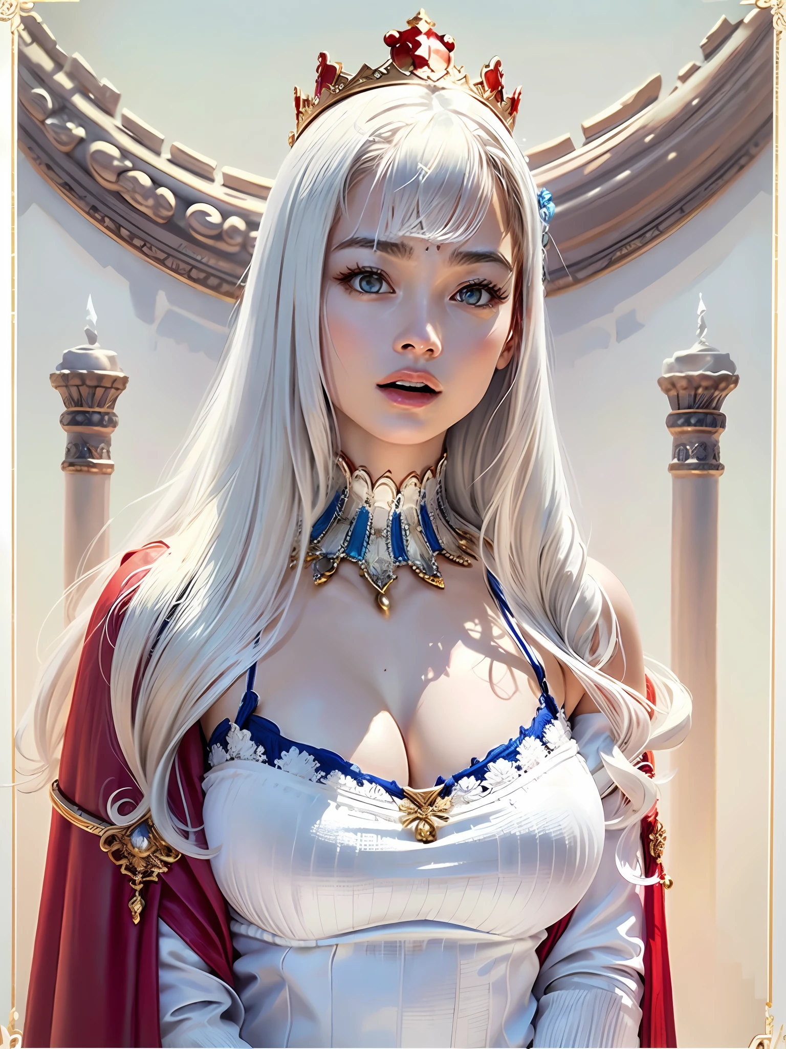 (Masterpiece, Top Quality, Top Quality, Official Art, Beautiful and Aesthetic: 2.2), Ultra-detailed complex 3D rendering of face, various poses, ((Huge breasts: 3.4)), (Exposure: 1.1), (Blue string micro bikini with transparent silk), Perfect figure: 1.4, Slim abs: 1.1, (1 girl), Red cape lined with fur, detailed huge crown decorated with jewels: 2.2), cleavage, white hair, white skin, with a strong and detailed weapon, with a beautiful and luxurious shield, with a lightly open mouth, long hair,