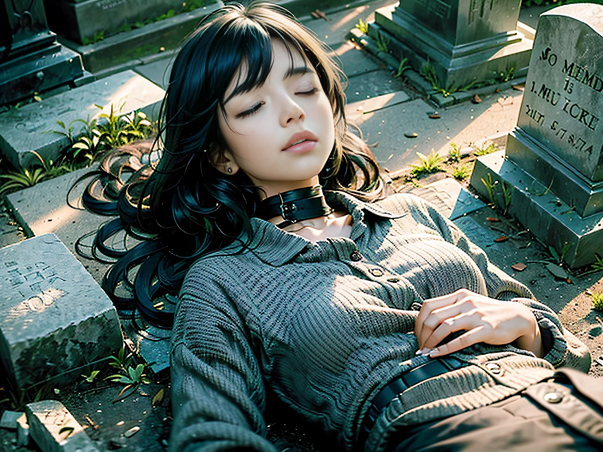 (in the evening cemetery, medium view: 1.8) (a woman, black hair, casual clothes: 1.9) (lying on the ground, eyes closed: 1.7) (lying in front of the tombstone: 1.8)