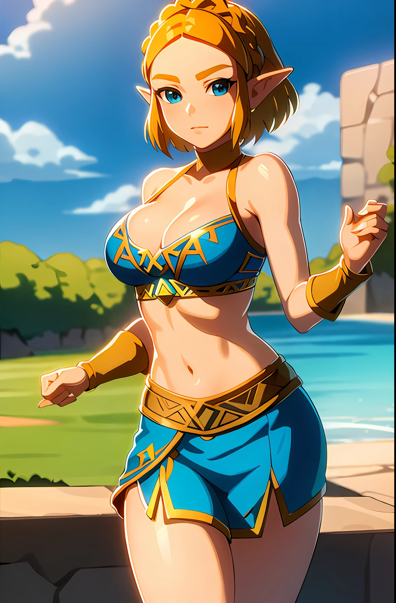 masterpiece,best quality,zelda\(princess\), 1girl, solo, large breasts,short_hair, bikini, cleavage