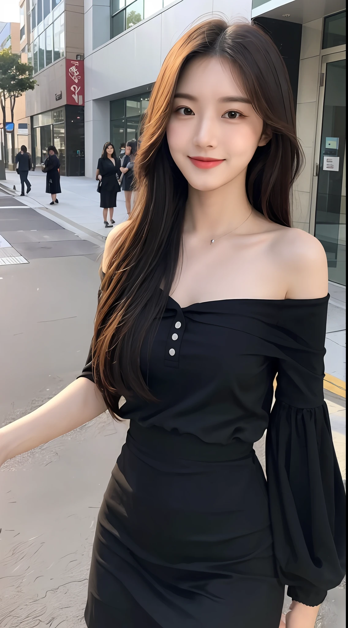 (1 Korean girl), ((best quality, 8k, masterpiece: 1.3)), ultra-clear details, perfect body beauty: 1.4, (smile), (Street: 1.3), highly detailed face and skin texture, fine eyes, double eyelids, whitened skin, (black straight face: 1.3), (round face: 1.5), (off-the-shoulder dress: 1.4),