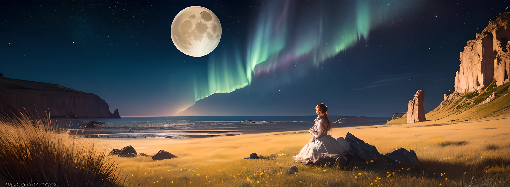 ((Best Quality)), ((Masterpiece)), ((Real)), ((Beautiful Female Moon)), Celestial Collision, Comet Impact, Moon Split in Half, Surrounded by Debris, Fragmented, Aurora Dance, Spring Night, Rabbit Observer, Twinkling Stars, Coast, At Eye Level, Scenic, Masterpiece