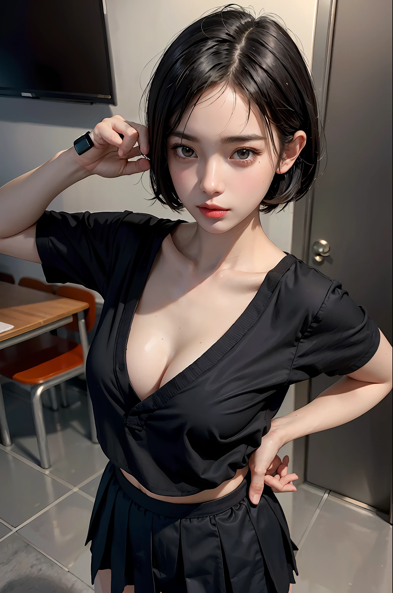 (masterpiece:1.3), (8k, photorealistic, RAW photo, best quality: 1.4), (1girl), beautiful face, (realistic face), (black hair, short hair:1.3), beautiful hairstyle, realistic eyes, beautiful detailed eyes, (realistic skin), beautiful skin, (Japanese super sexy school uniform), ridiculous, attractive, super high resolution, super realistic, very detailed, golden ratio, facing the audience, can be a schoolgirl, short skirt, wearing a Japanese school uniform, real human skin, surreal schoolgirl, fingers on the mouth, seductive expression, ambiguous eyes, facing the audience, collarbone, navel