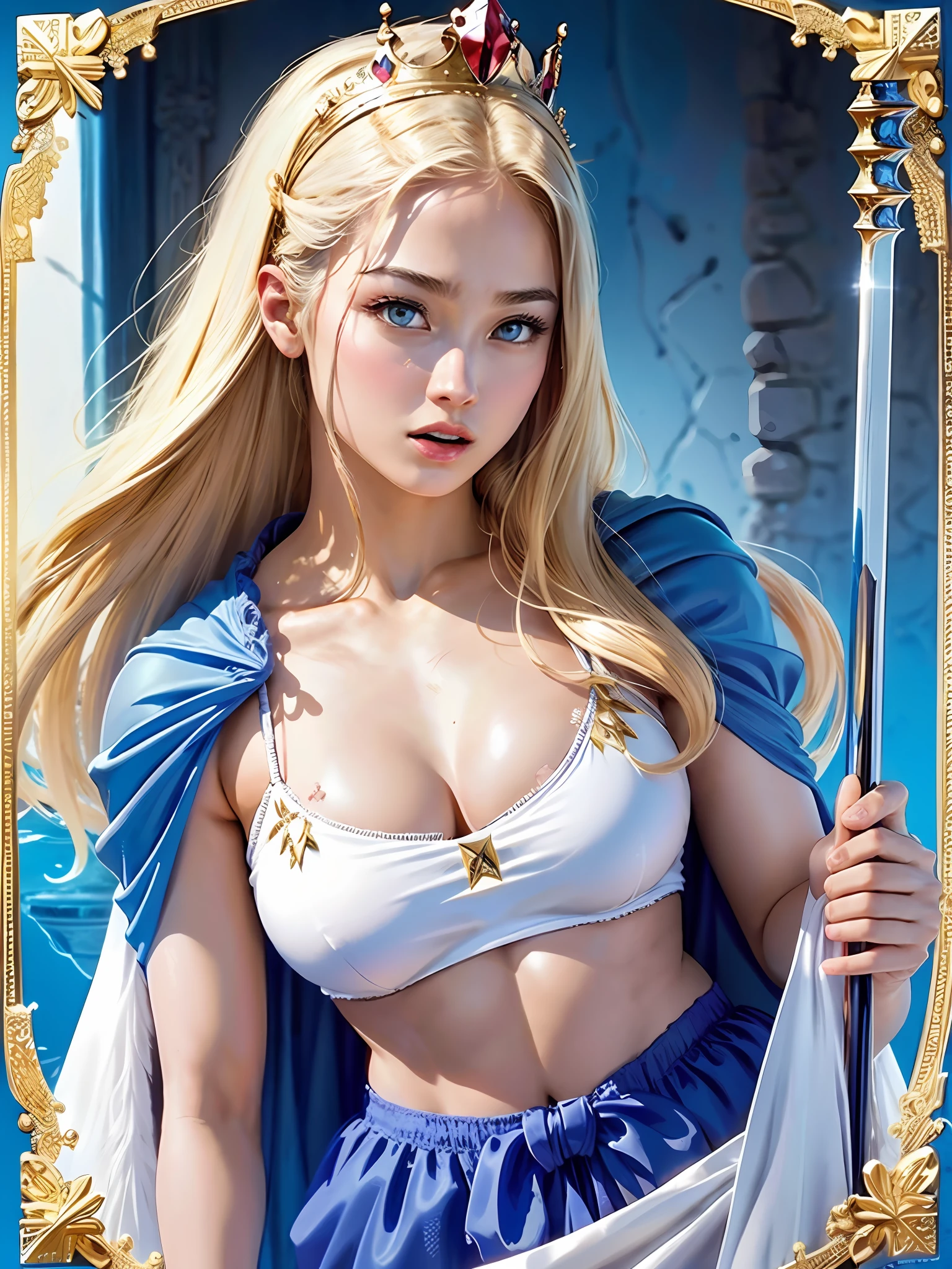 (masterpiece, top quality, highest quality, official art, beautiful and aesthetic: 1.2), ultra-detailed complex 3D rendering of face, various poses, ((huge breasts: 2.4)), (exposure: 2.1), (blue string micro bikini with transparent silk), perfect figure: 1.4, slim abs: 1.1, (1 girl), fur-lined red cape, jeweled detailed crown: 2.2), cleavage, Blonde, white skin, with strong and detailed weapons, with a beautiful and luxurious shield, opening mouth lightly,