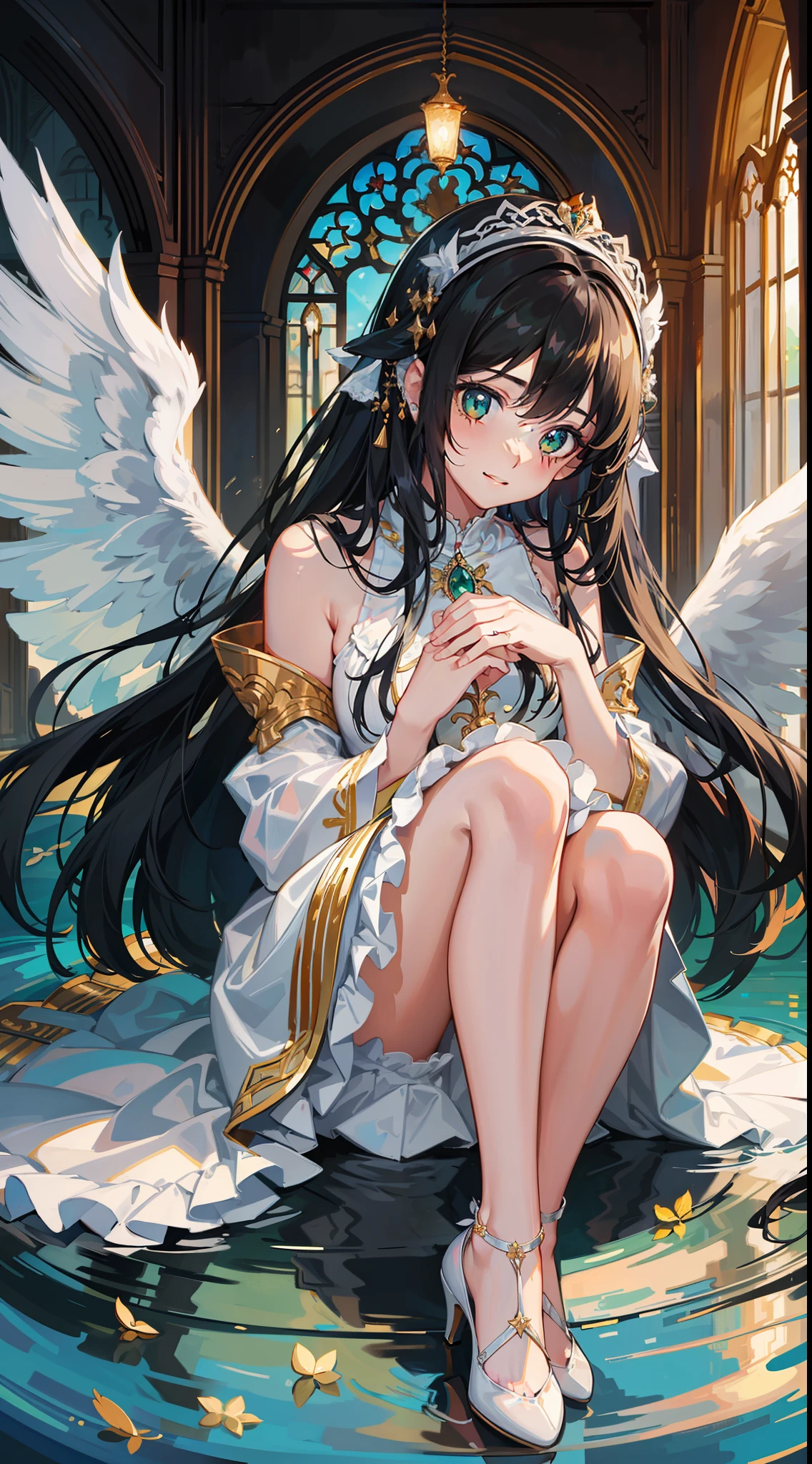 Two-dimensional, a girl, girl, fair skin, black hair, hair between the eyes, long hair, scattered, hair blown up by the wind, ((green eyes)), deep eyes, watery big eyes, smile, gentle, sister fan, sister, white angel wings, angel halo, angel, white angel feather skirt, white stockings, white chain high heels, high-grade lighting, exquisite picture, exquisite eyes, best shadow, best picture quality, best light, rich details, atmosphere, high resolution, masterpiece, Church, Sacred, Prayer, (Leg Holding), Head Tilt, Rich Detail, Fine Background, ((Full Body Shot)), Face Optimizer, Eye Optimizer