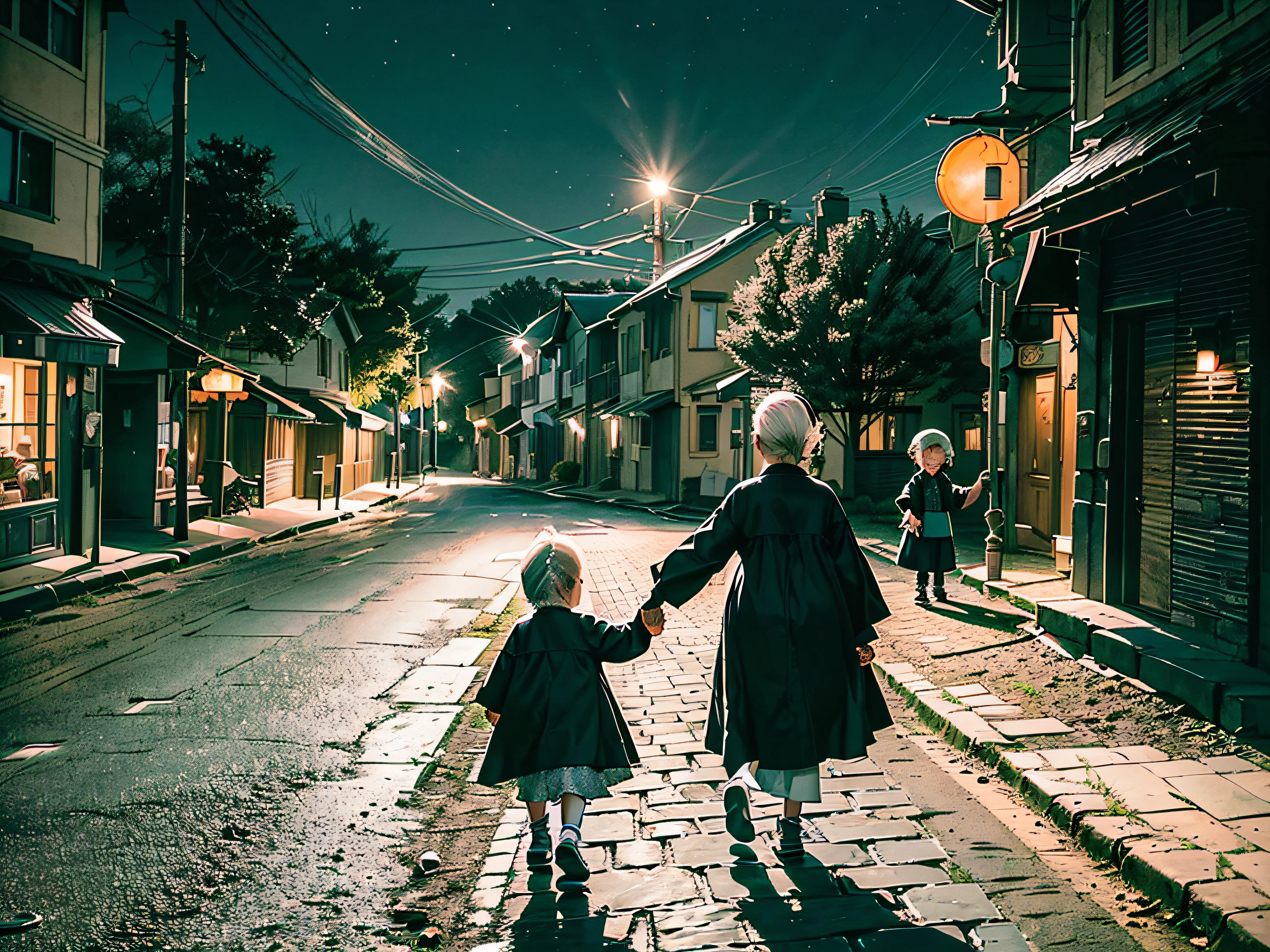 (On a dimly lit street, vista: 1.8) (a grandmother and two , toddler th black hair, grandmother with white hair, casual clothes, walking hand in hand: 1.9) (They sing together: 1.7) (Night country setting: 1.8)
