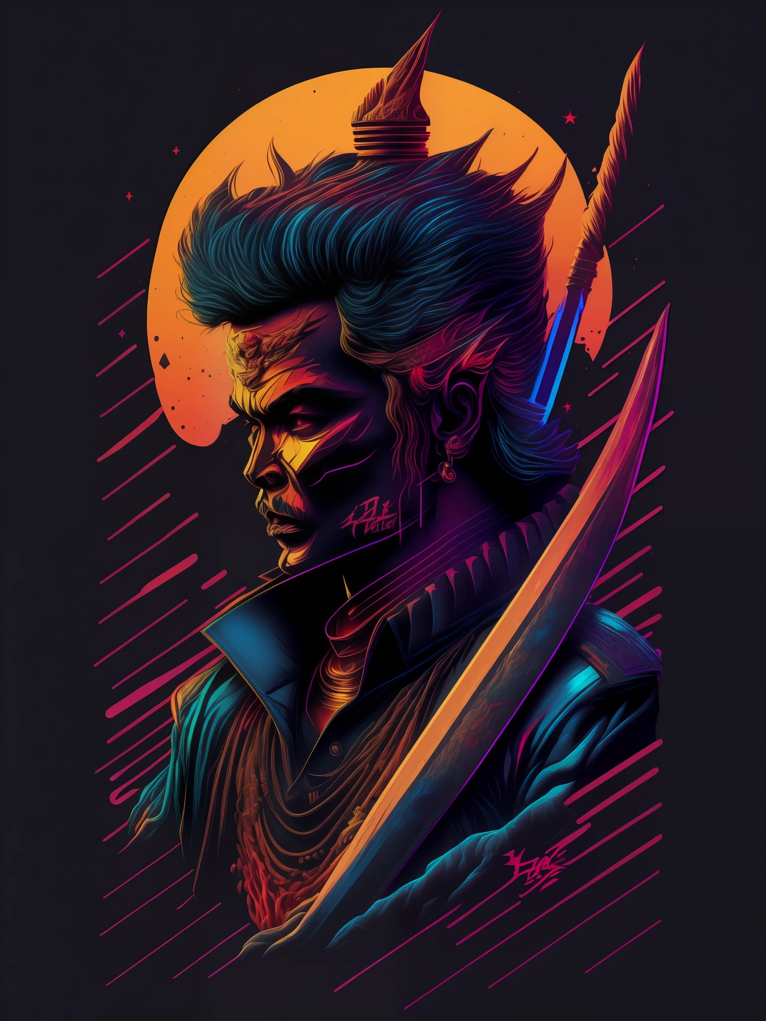 Thai king, sword, vectorized, synthwave, gold blue red orange, bright neon colors on a dark background,