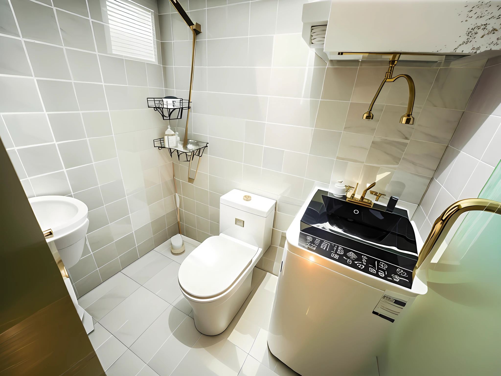 The main body is a high-end bathroom with white tiles; Premium washing machine. High-grade wash station, must reflect all the above items, the decoration style is minimalist and simple, white tone, bright light, bright tone, human perspective.