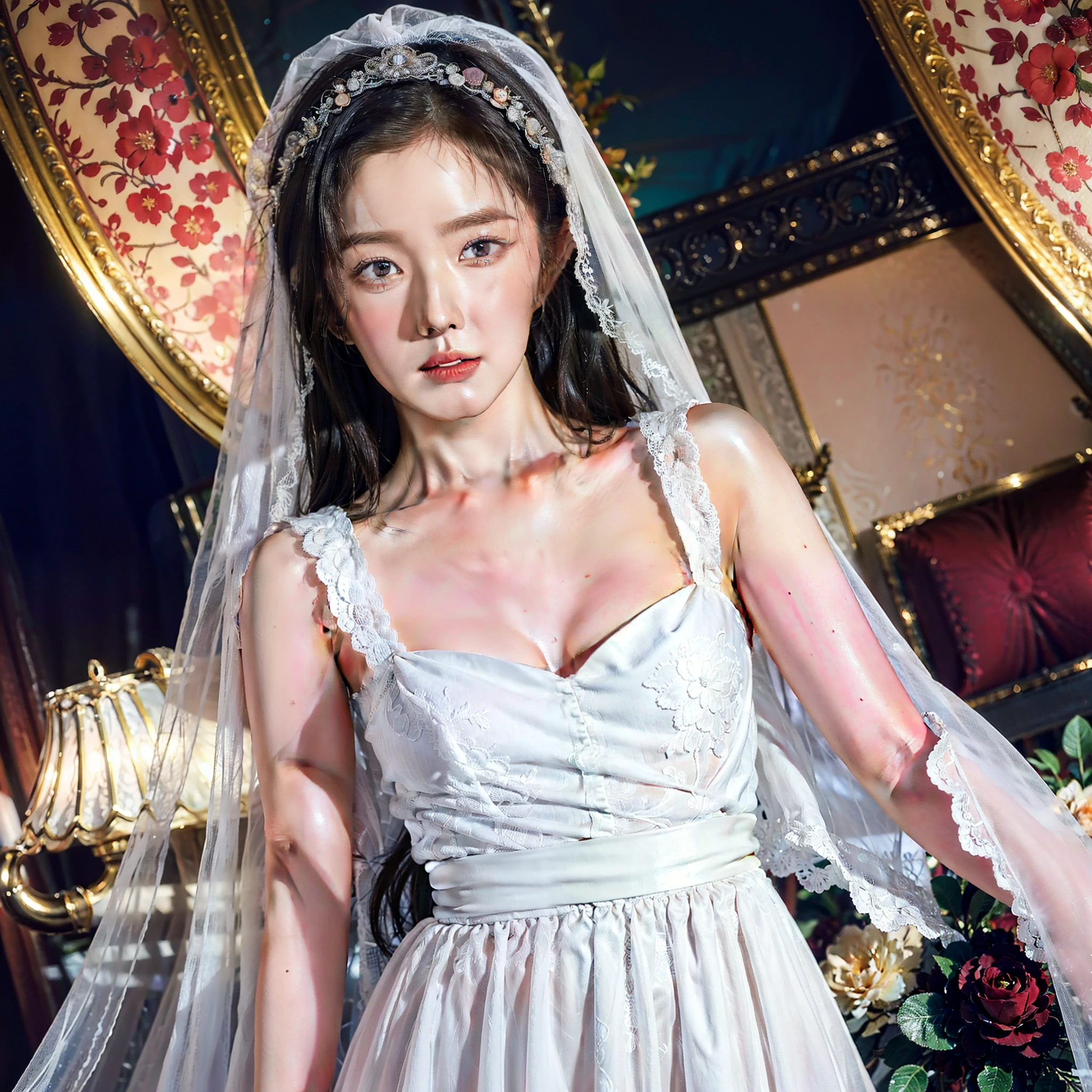 There is a girl in a wedding dress, Iris, wearing a wedding dress with a veil, castle building ray tracing, full body, {best quality}, {masterpiece}}, extremely detailed 8K wallpaper, {an extremely delicate and beautiful}, colorful, intricate details, realism, realism, camera quality, (meticulously portrayed clothes), cold white skin, (meticulously portrayed blush), 1080p, sun, soft cute, smooth light silver hair, messy beauty, lighting, broken feeling, shiny and silky skin, 3D stereoscopic, masterpiece, Best quality, illustration super fine, beautiful eyes, very delicate light, fine glow, very fine 8K CG wallpaper, peach blossom eyes, red pupils, 8k wallpaper, best quality, full body close-up, white wedding dress, luxury silky bright red chiffon flood (illusion, glitter, ultra-thin, soft,) wedding dress