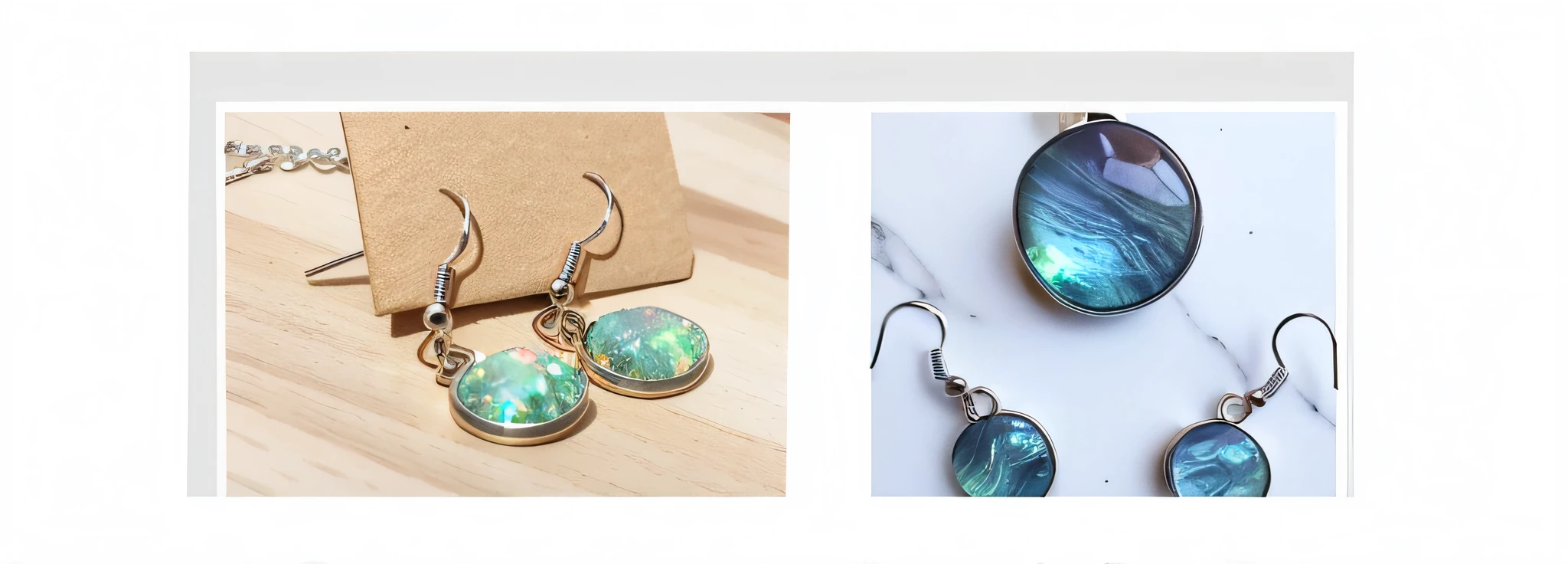 a close up of a pair of earrings and a pair of earrings, product introduction photos, earbuds jewelry, green jewelry, polymer clay earrings, hints of silver jewelry, embedded with gemstones, silver jewelry, jewelry, silver dechroic details, earrings. highly detailed, refractive crystal jewelry, trending on etsy, silver jewellery, mother of pearl jewelry, jewelry iridescent --auto --s2