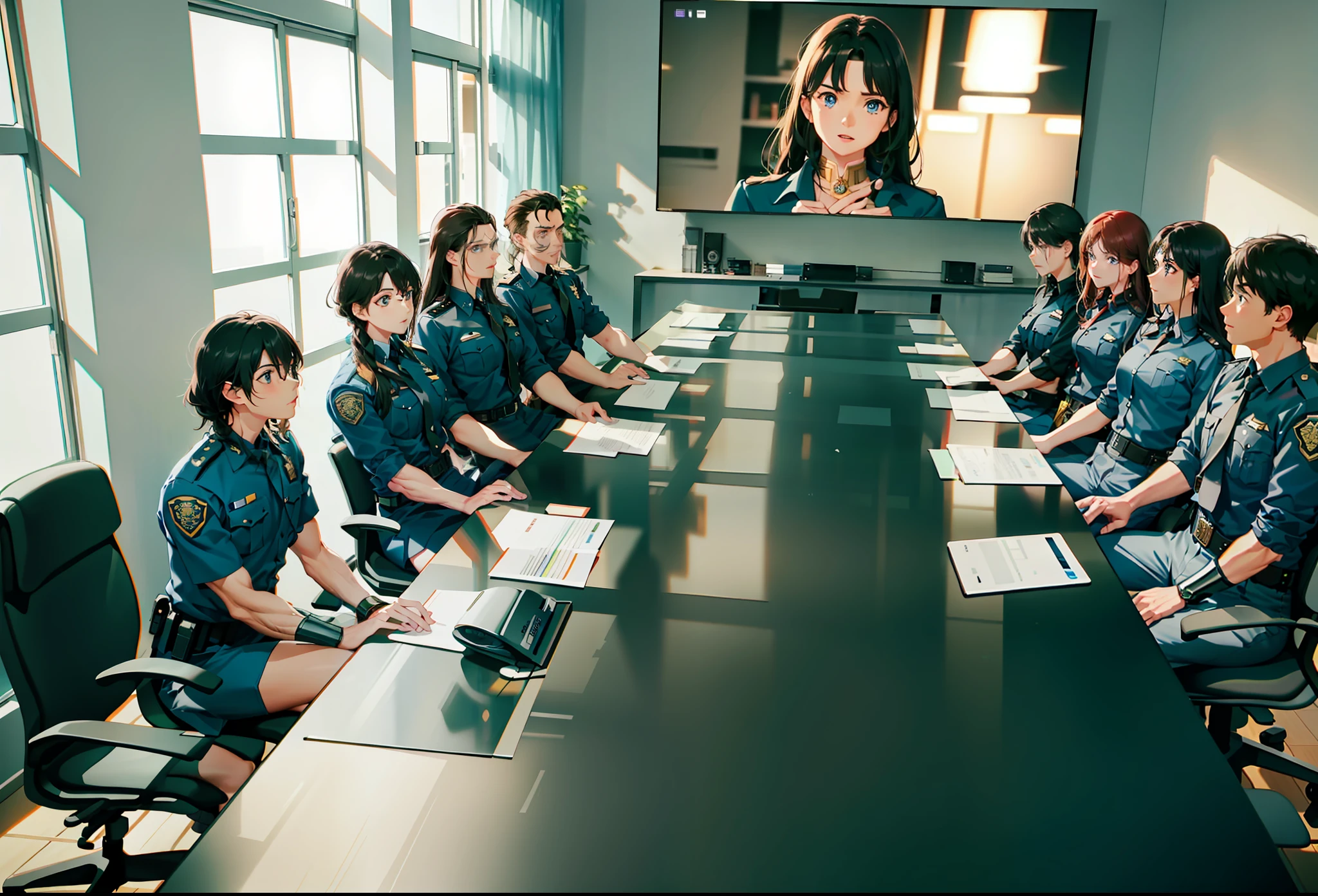 several police officers sitting around a conference table in a meeting room, large monitor, monitor showing blue eyes and muscular Wonder Woman, subtitles, with subtitles, 1080p, 1 0 8 0 p, police officers, 480p, 4 8 0 p, video, screenshot from a movie, video still, transparent background, cop, interesting background, youtube video screenshot